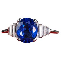 Antique Art Deco Platinum Sapphire and Diamond Baguette Engagement Ring - GIA