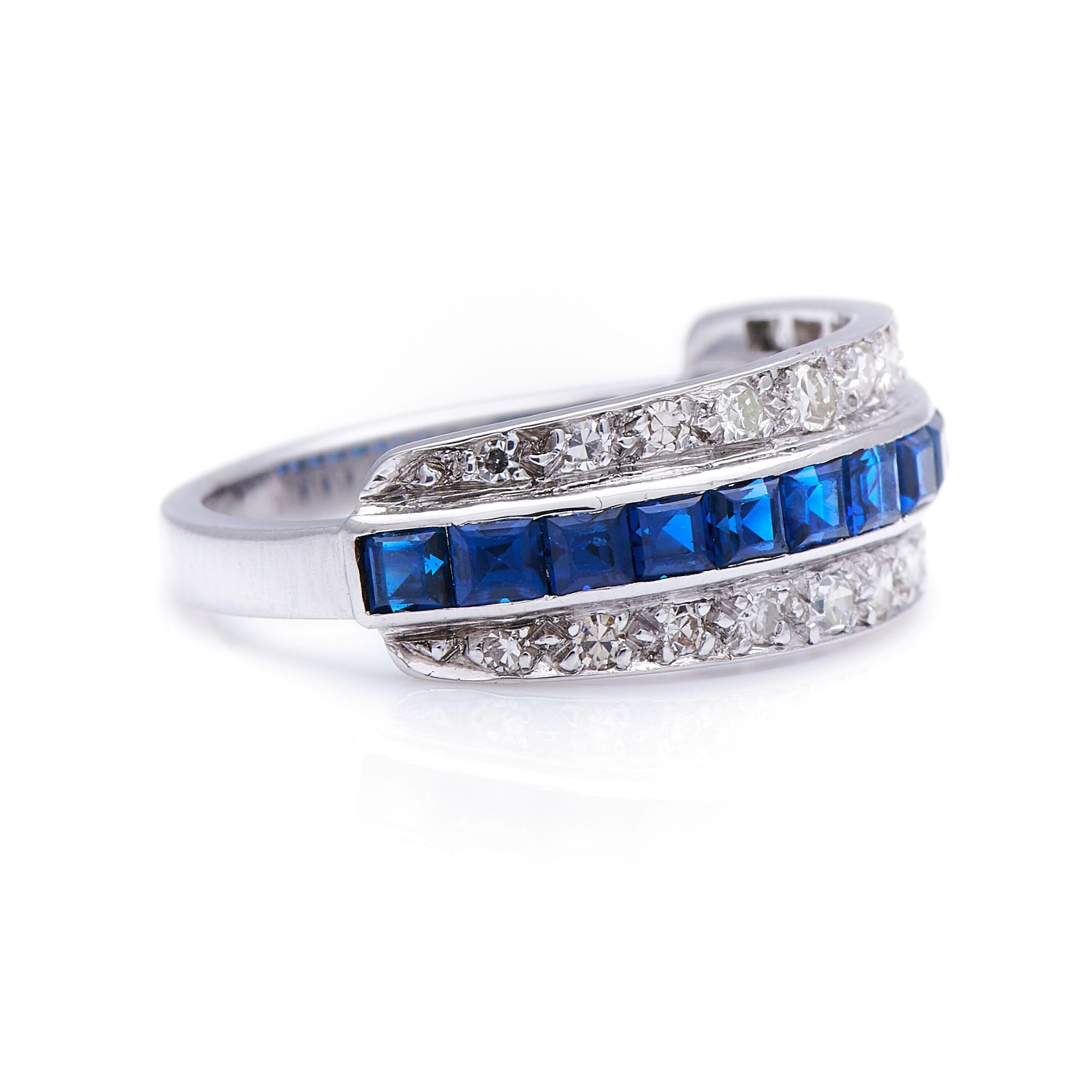 Sapphire and diamond ring, 1920s. This simple and elegant design is actually fiendishly difficult to produce, requiring perfectly sized sapphires and mastery of different setting techniques. The calibré-cut sapphires would have been shaped
