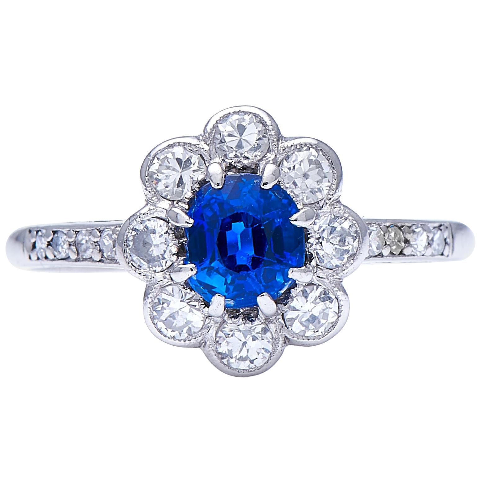 Antique, Art Deco, Platinum, Sapphire and Diamond Cluster Ring For Sale