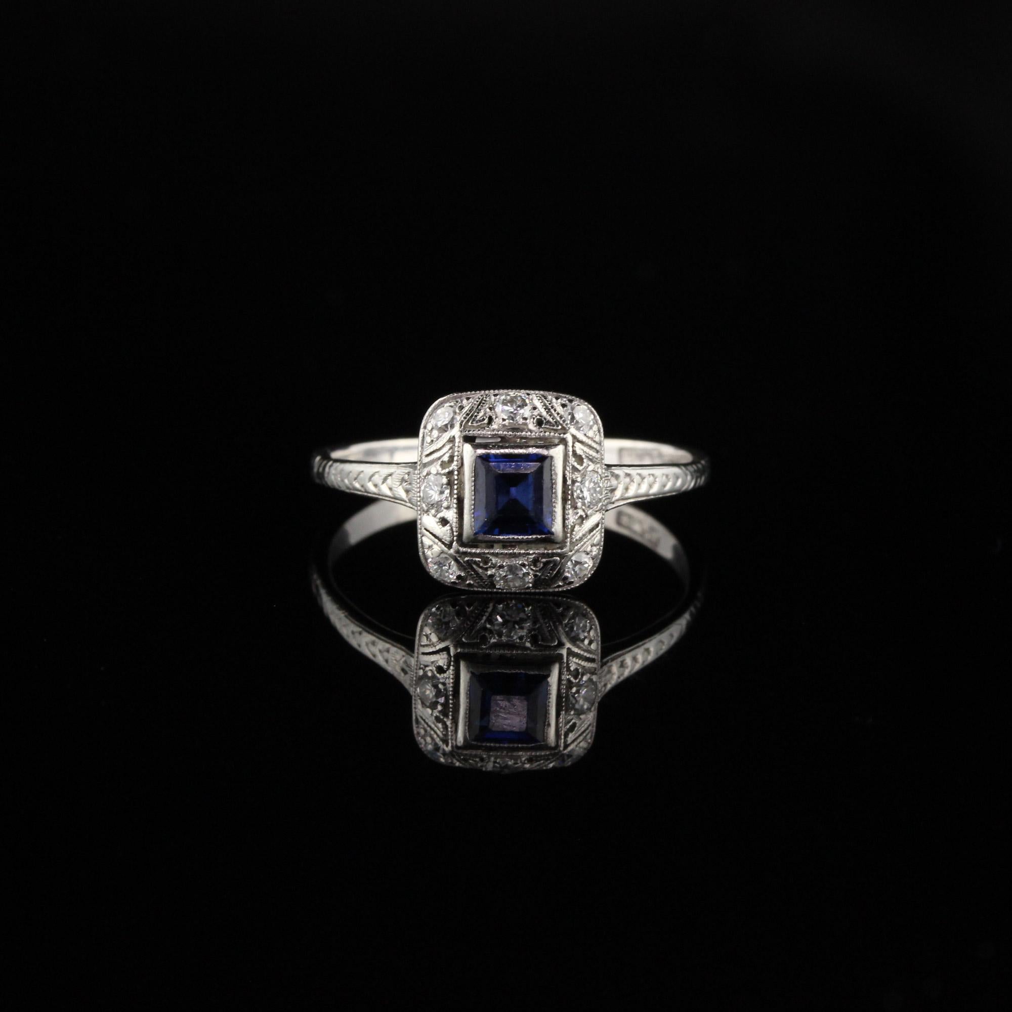 Round Cut Antique Art Deco Platinum Sapphire and Diamond Engagement Ring