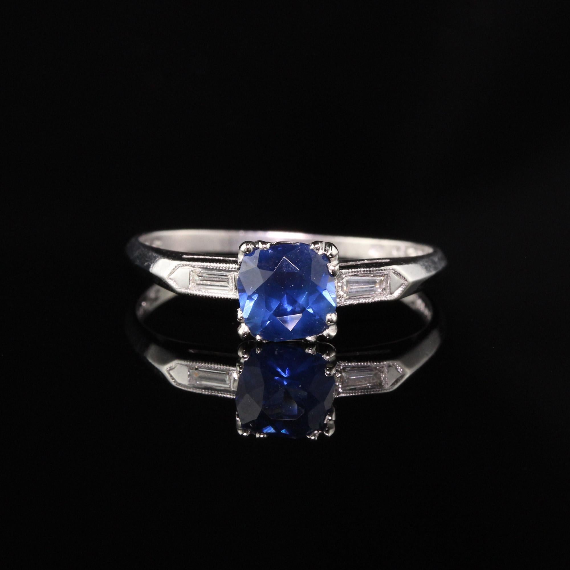 Cushion Cut Antique Art Deco Platinum Sapphire and Diamond Engagement Ring