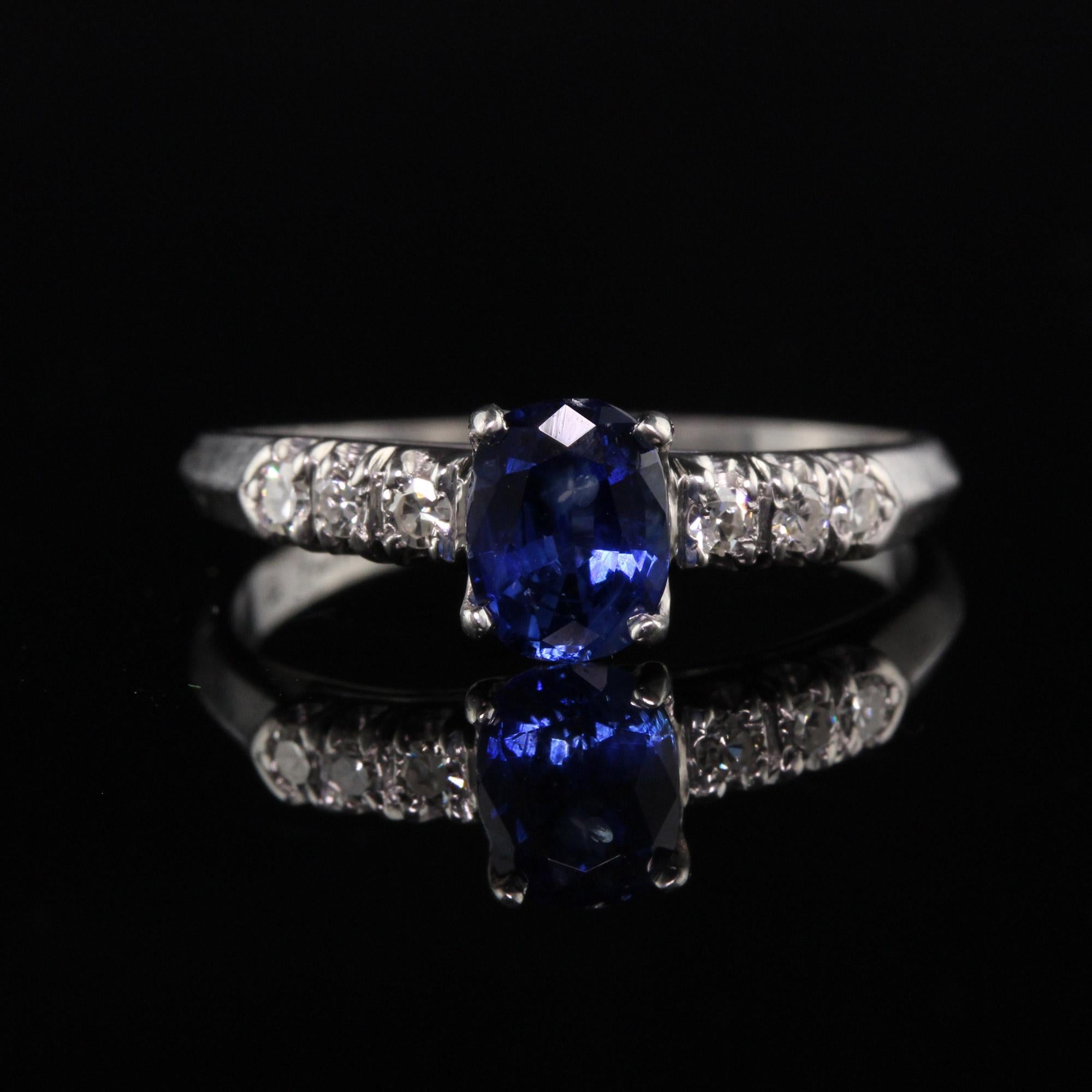 Oval Cut Antique Art Deco Platinum Sapphire and Diamond Engagement Ring For Sale