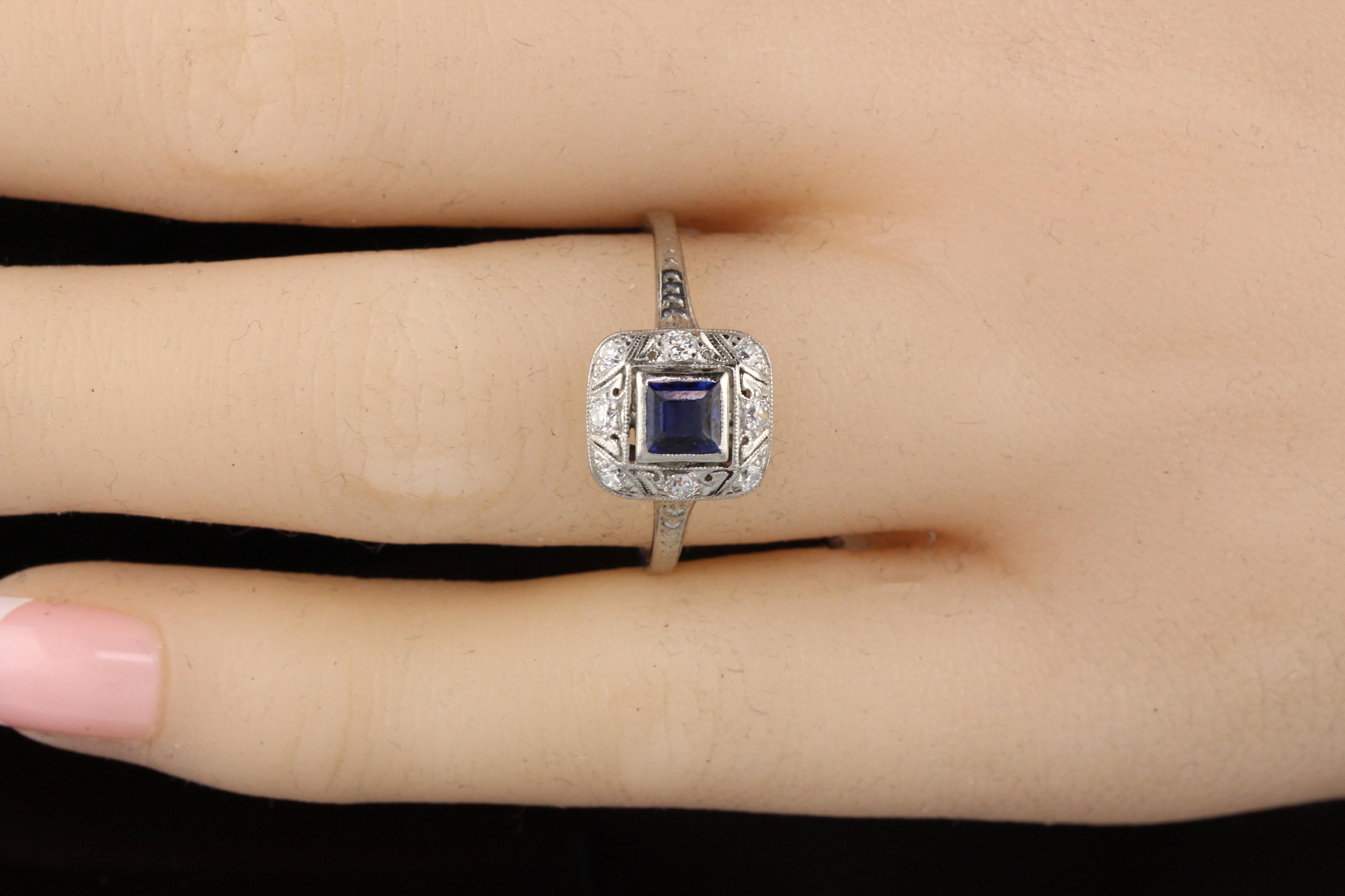 Antique Art Deco Platinum Sapphire and Diamond Engagement Ring 2