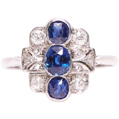Antique, Art Deco, Platinum Sapphire and Diamond Engagement Ring
