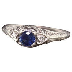 Antique Art Deco Platinum Sapphire and Diamond Engagement Ring