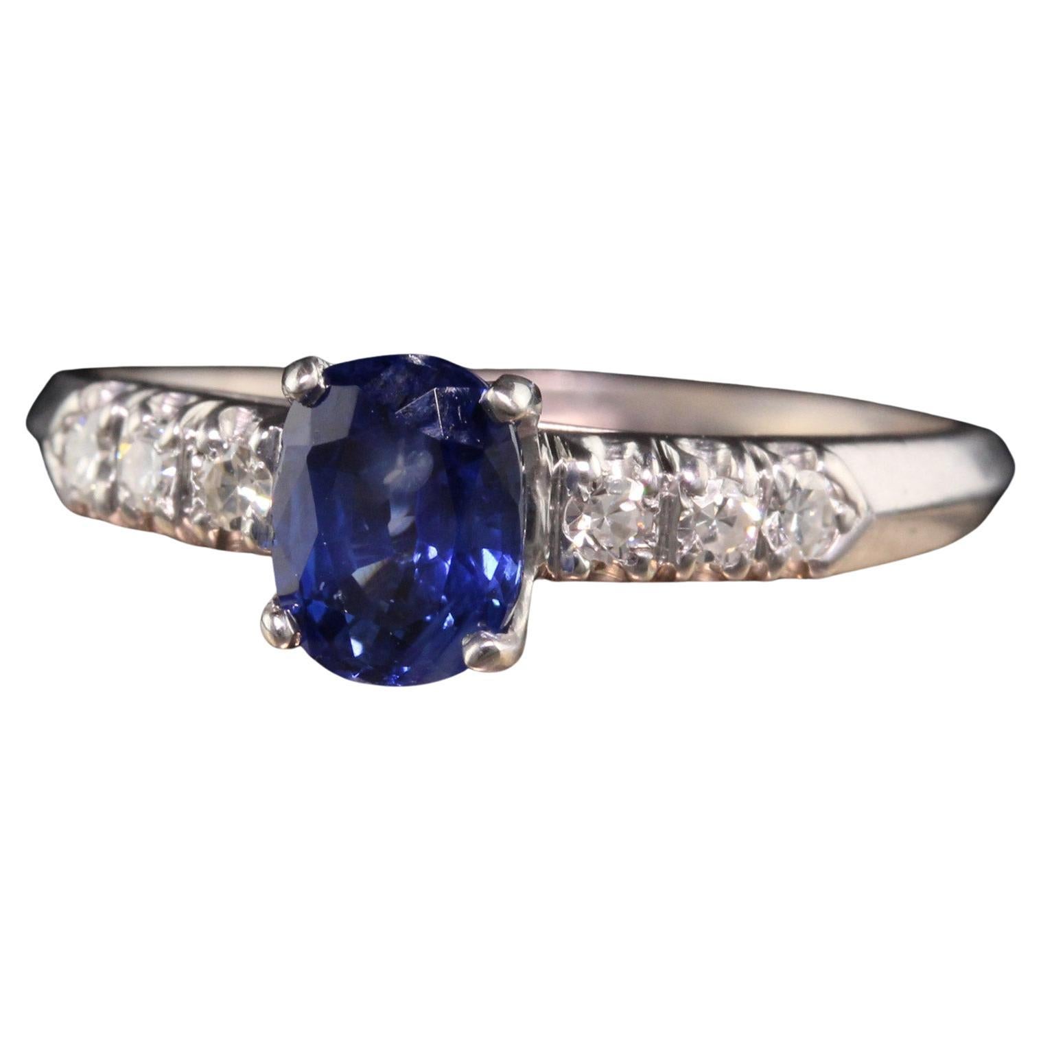 Antique Art Deco Platinum Sapphire and Diamond Engagement Ring For Sale