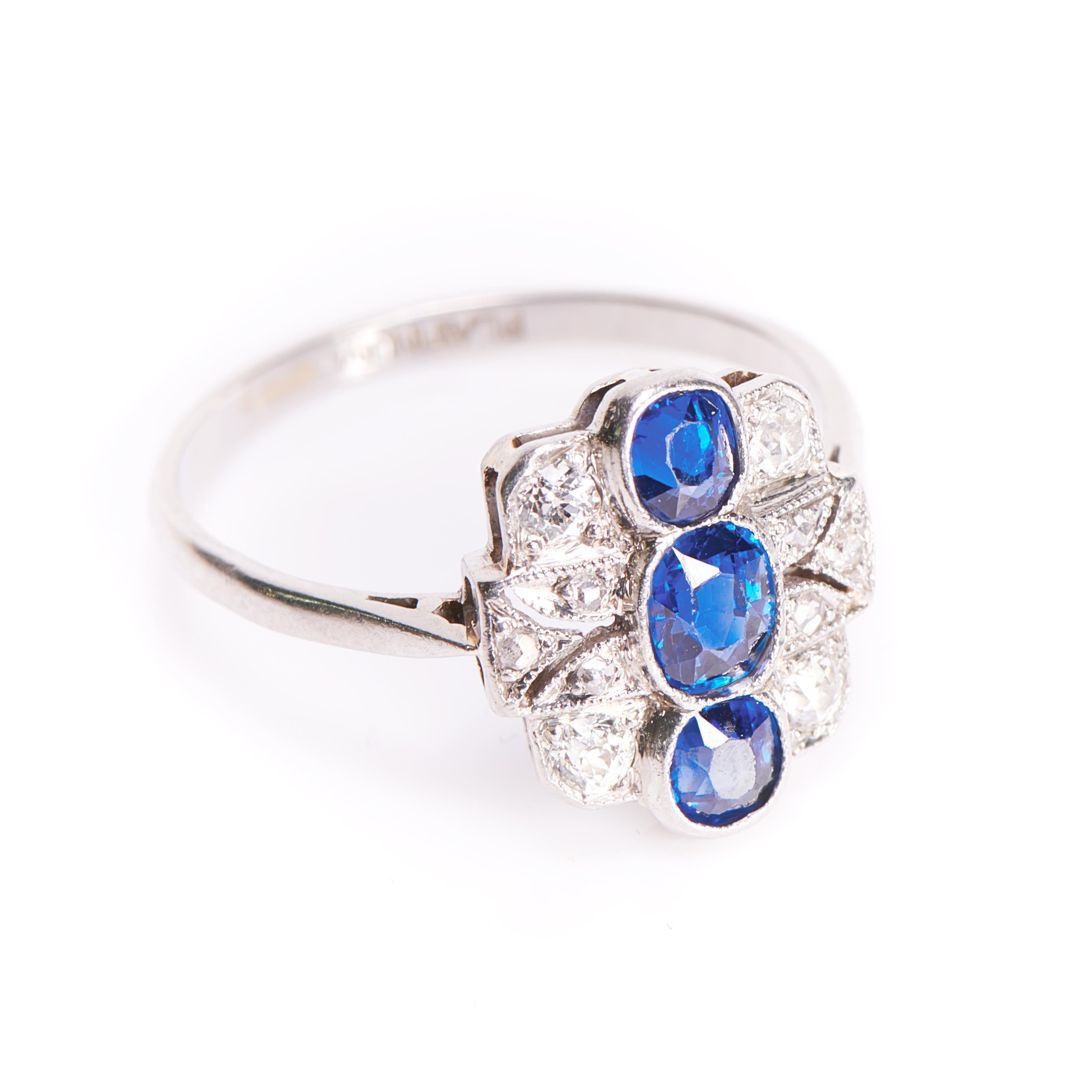 Old European Cut Antique, Art Deco, Platinum Sapphire and Diamond Engagement Ring