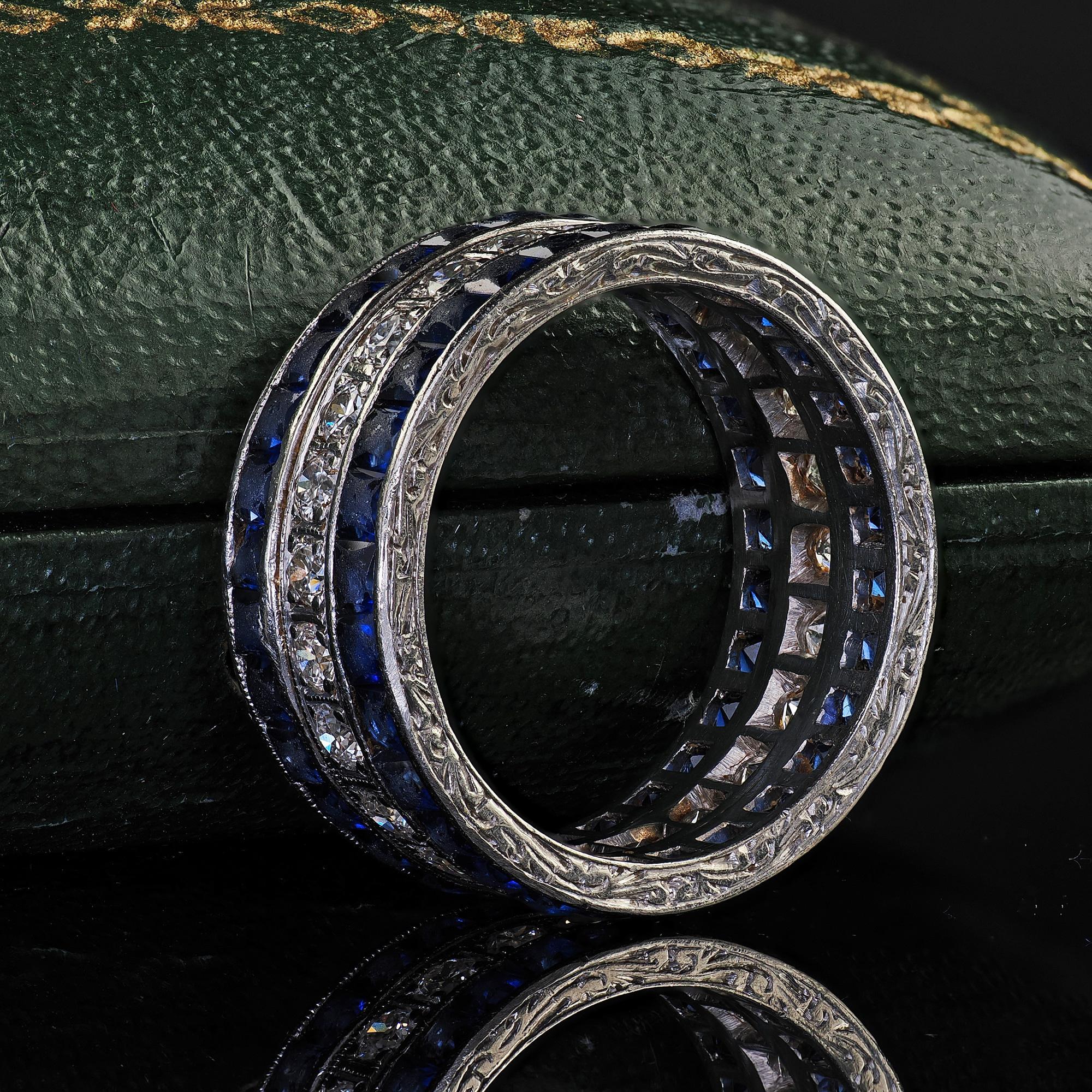 Old European Cut Antique Art Deco Platinum Sapphire and Diamond Wide Eternity Band - Size 5 1/4 For Sale