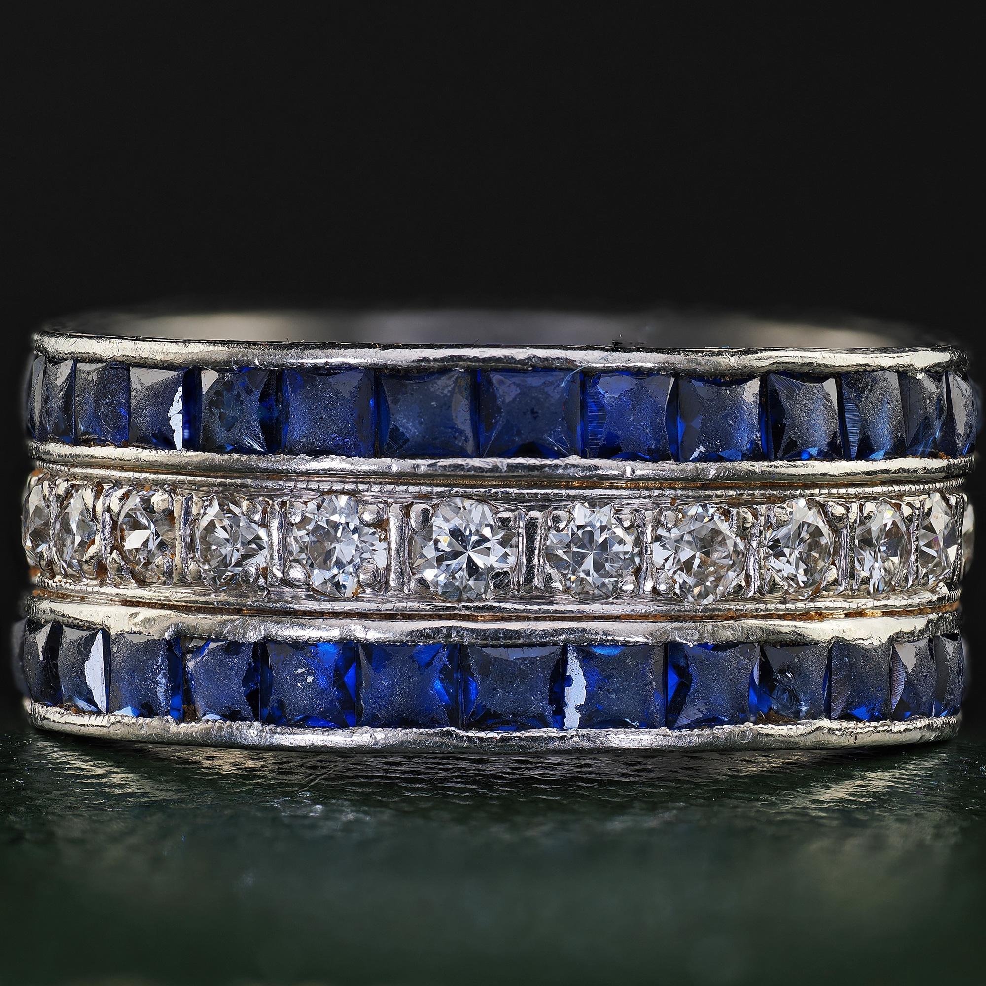 Antique Art Deco Platinum Sapphire and Diamond Wide Eternity Band - Size 5 1/4 In Good Condition For Sale In Great Neck, NY