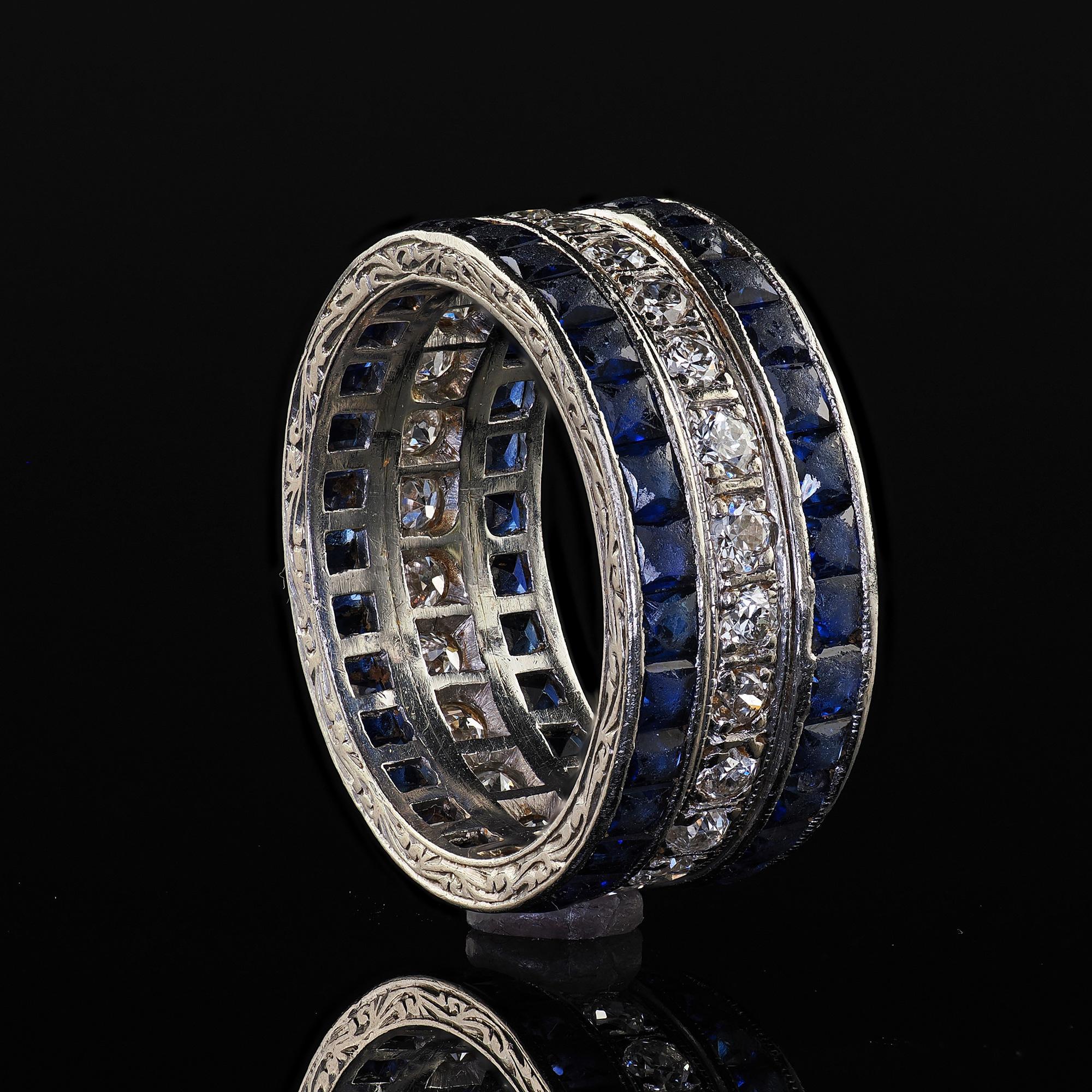 Antique Art Deco Platinum Sapphire and Diamond Wide Eternity Band - Size 5 1/4 For Sale 1