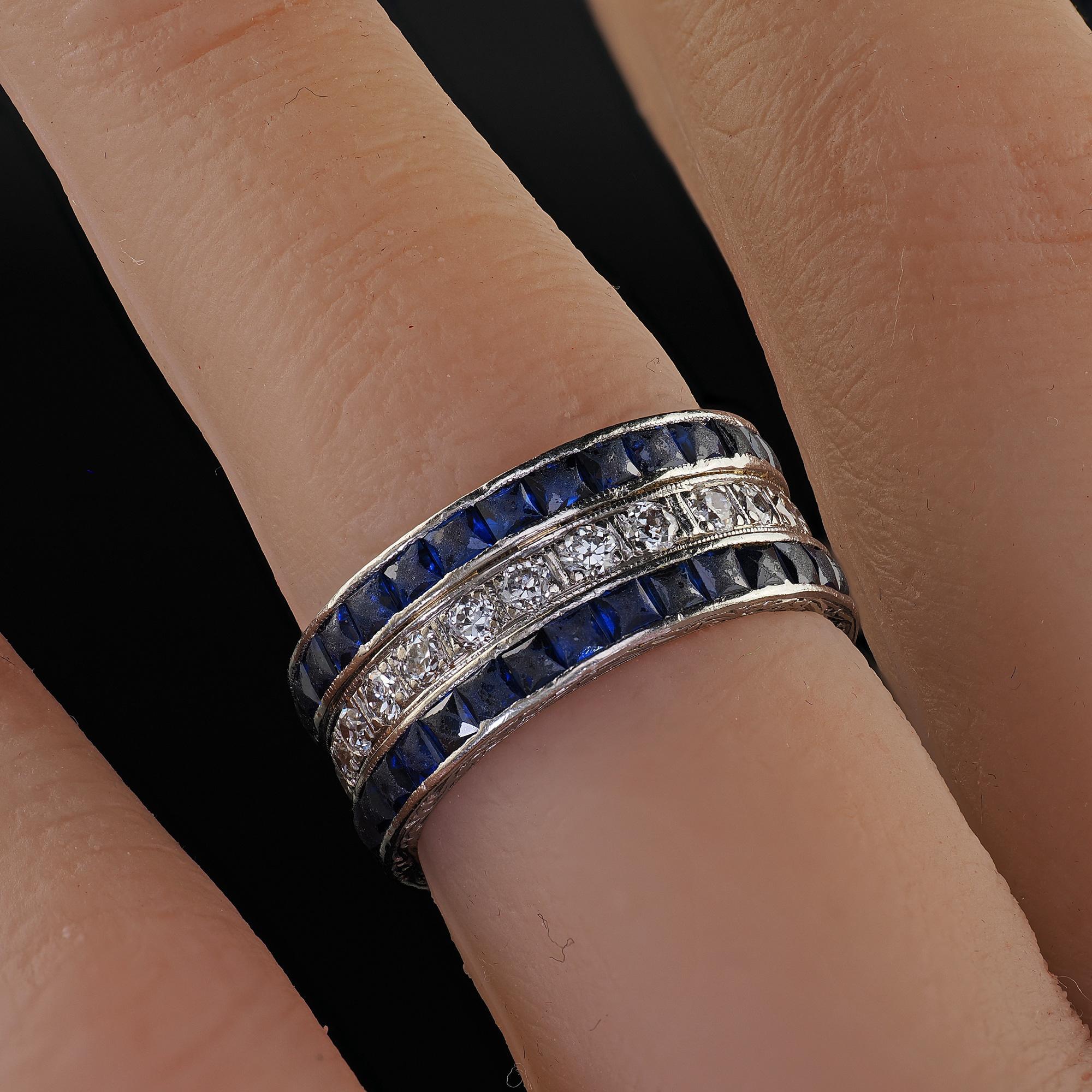 Antique Art Deco Platinum Sapphire and Diamond Wide Eternity Band - Size 5 1/4 For Sale 2