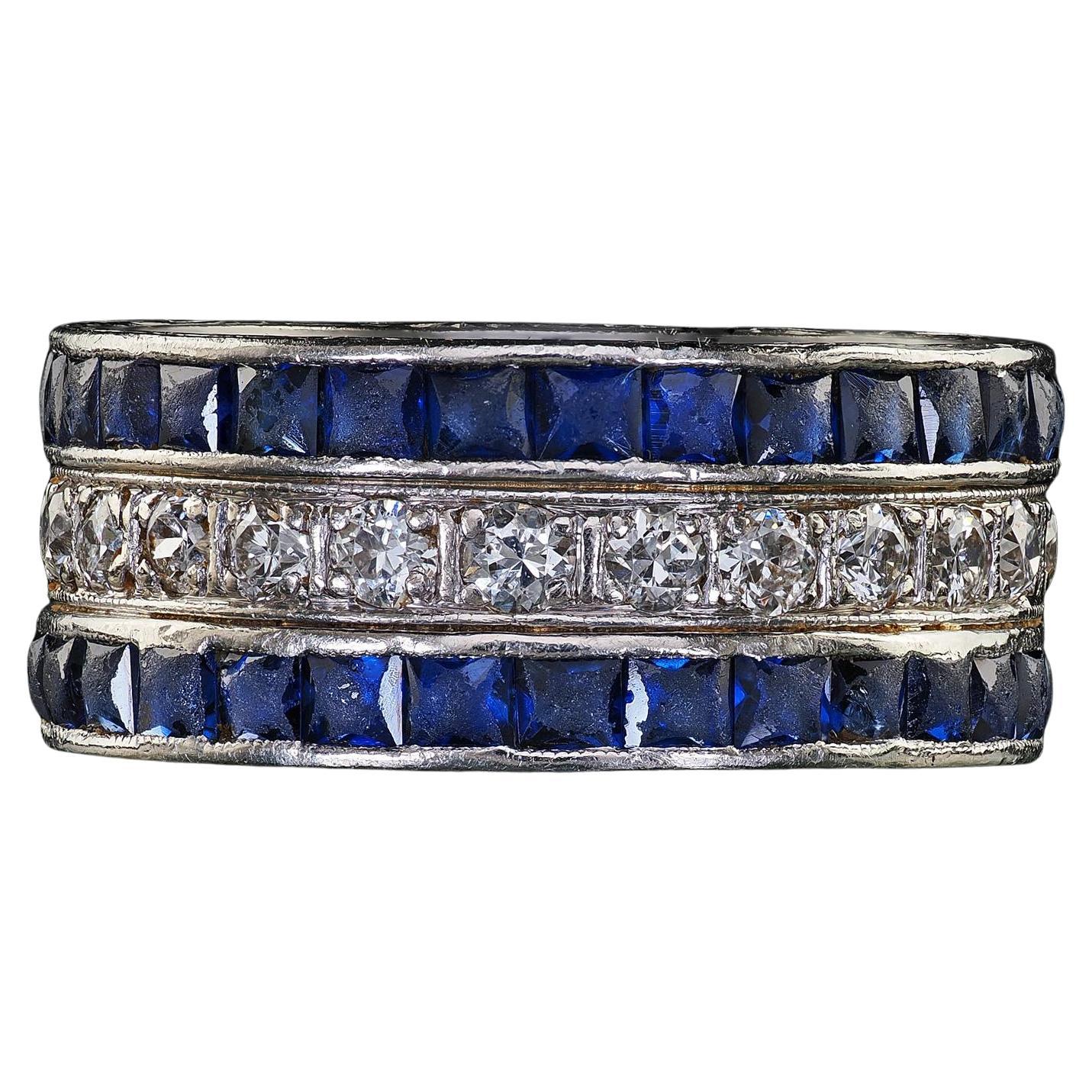 Antique Art Deco Platinum Sapphire and Diamond Wide Eternity Band - Size 5 1/4 For Sale