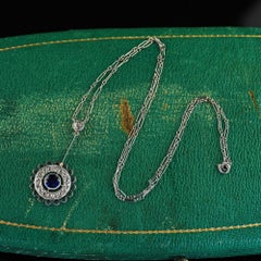 Antique Art Deco Platinum Sapphire and Old Euro Diamond Floral Pendant Necklace