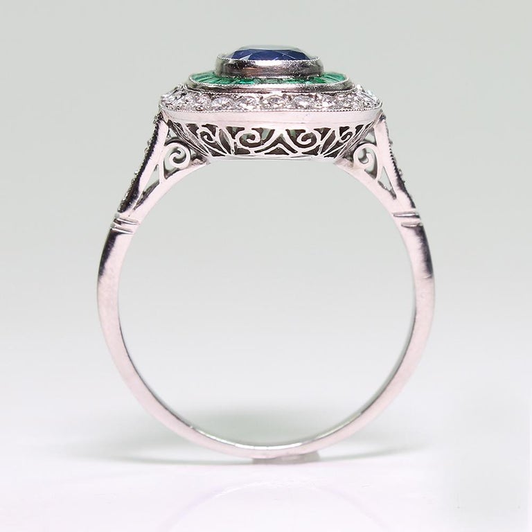Antique Art Deco Platinum Sapphire, Diamond and Emerald Ring at 1stDibs