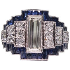 Antique Art Deco Platinum Sapphire, Diamond Ring