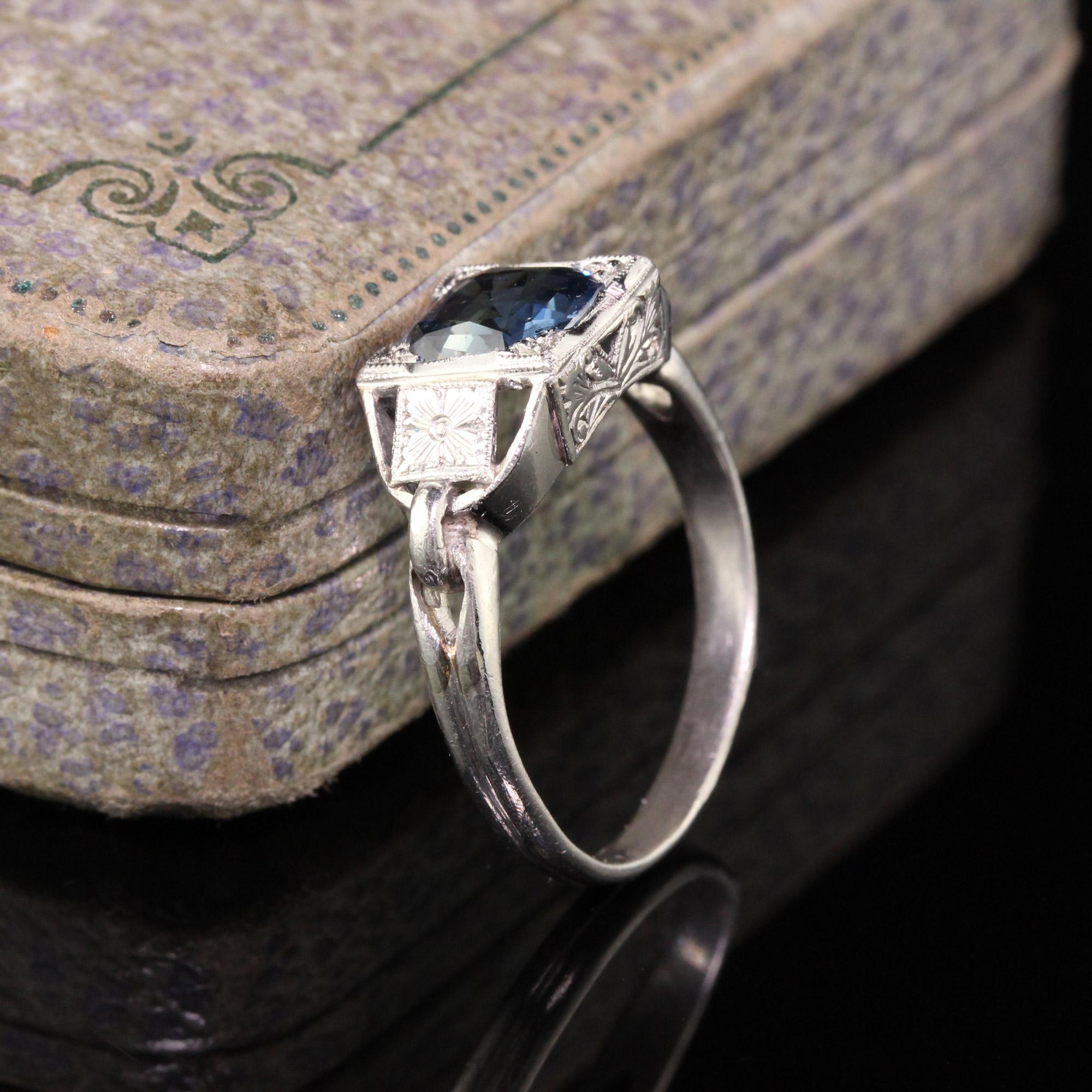Magnificent Antique Art Deco Platinum Sapphire Engagement Ring. The sapphire is 1.99 ct in an intricate engraved art deco mounting. Truly gorgeous!

#R0598

Metal: Platinum

Weight: 5 Grams

Sapphire: Approximately 1.99 ct cushion

Ring Size: 7 3/4
