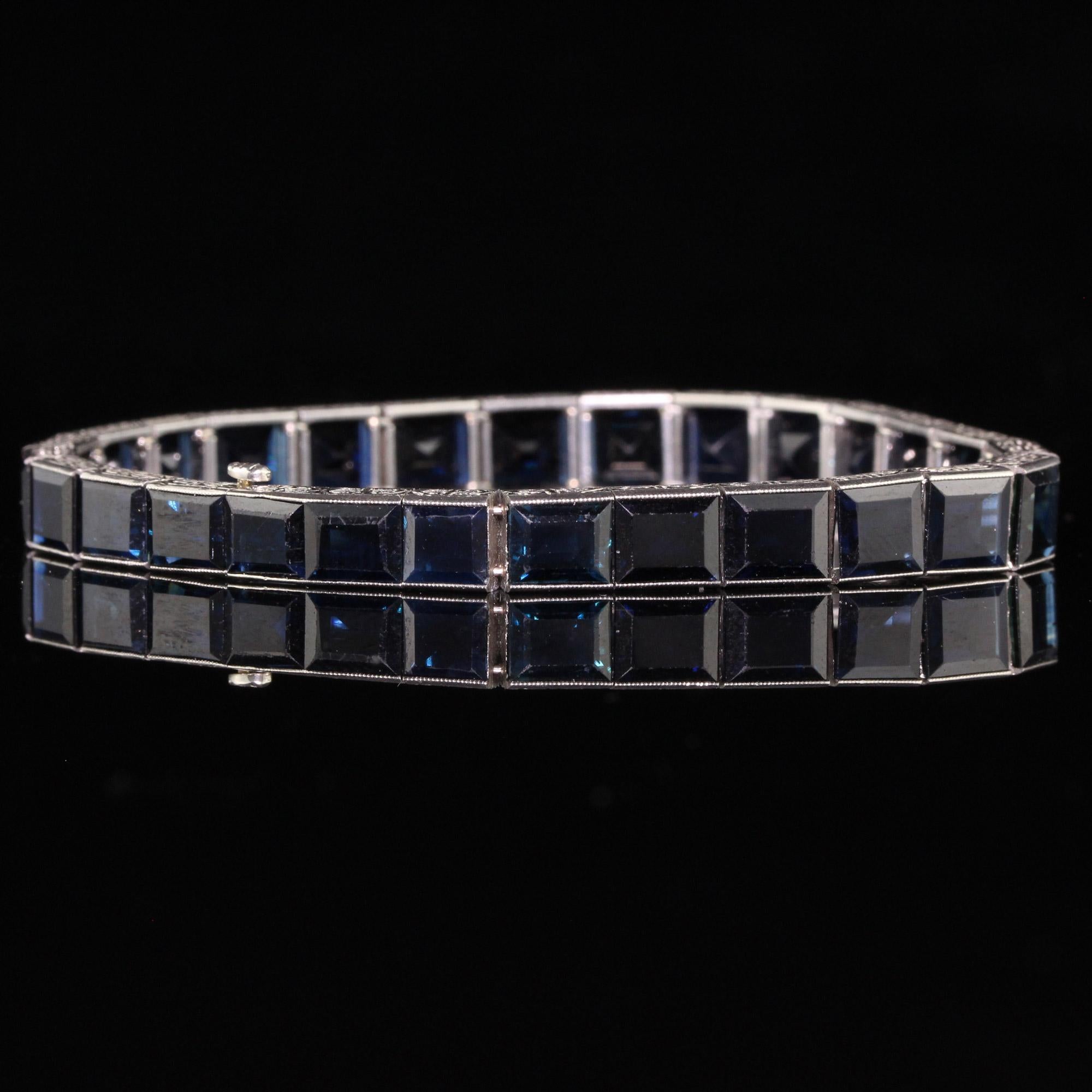 Antique Art Deco Platinum Sapphire Graduated Step Cut Line Bracelet, GIA For Sale 2