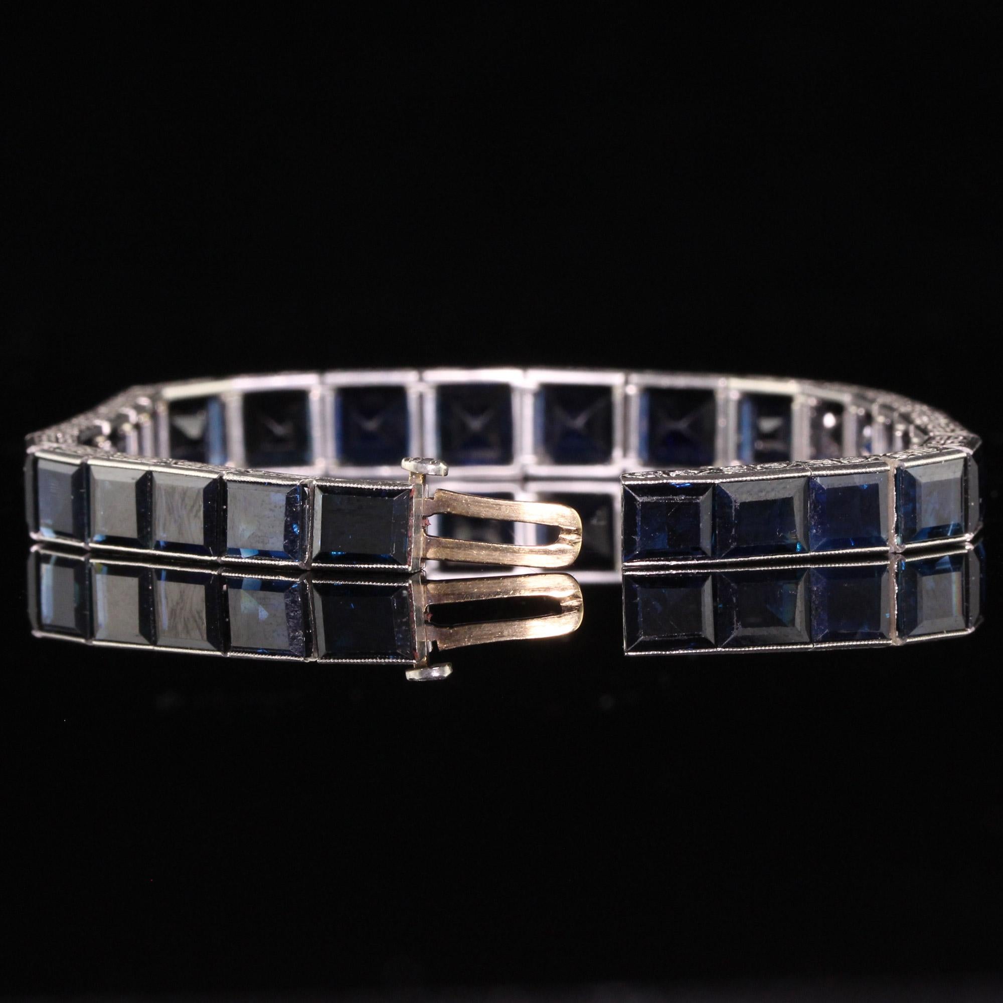 Antique Art Deco Platinum Sapphire Graduated Step Cut Line Bracelet, GIA For Sale 3