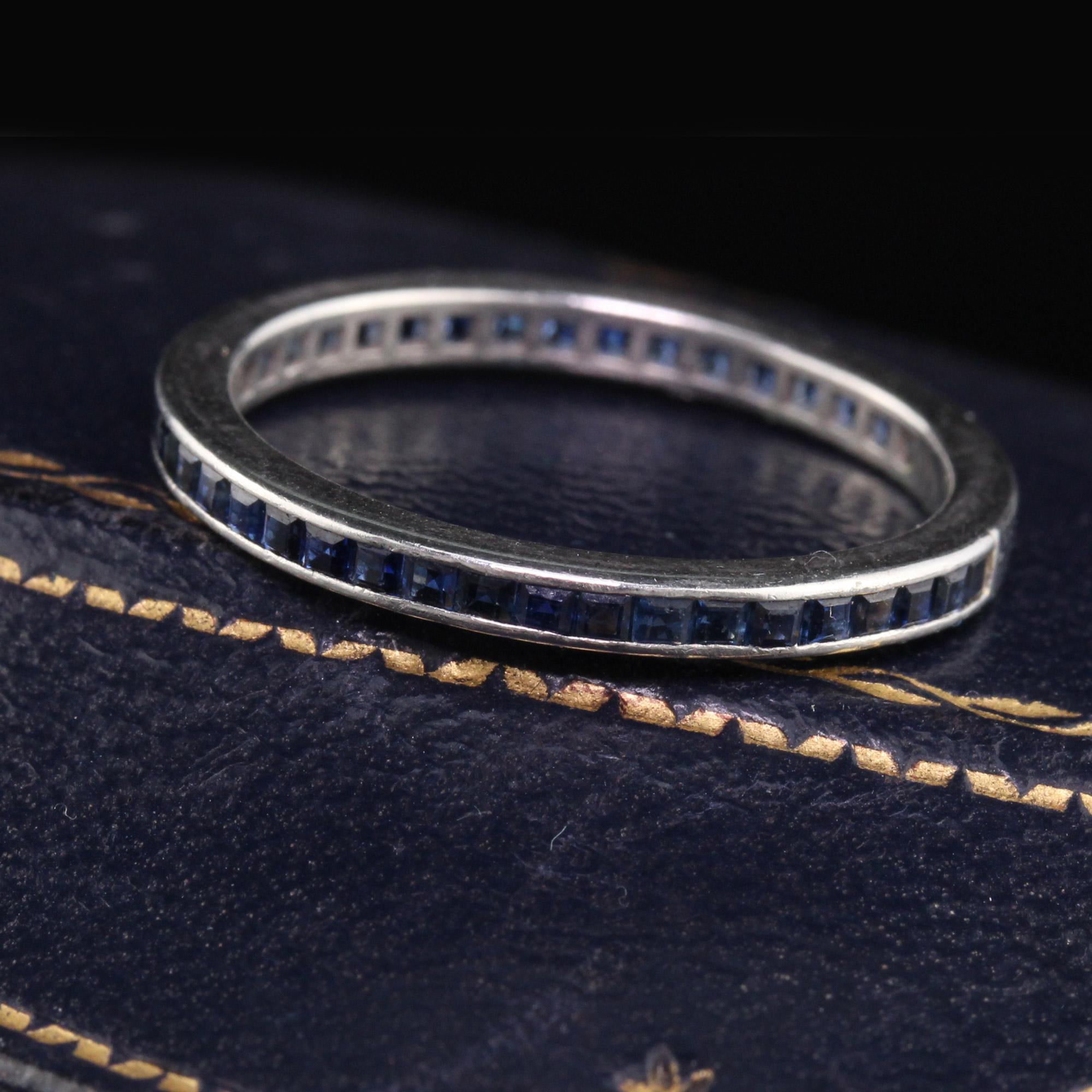 Beautiful classic Art Deco eternity band done in platinum with sapphires. The ring is in very good condition. There is some space available to size the ring.

#R0253

Metal: Platinum 

Weight: 3.4 Grams

Ring Size: 8 (slightly sizable)

This ring