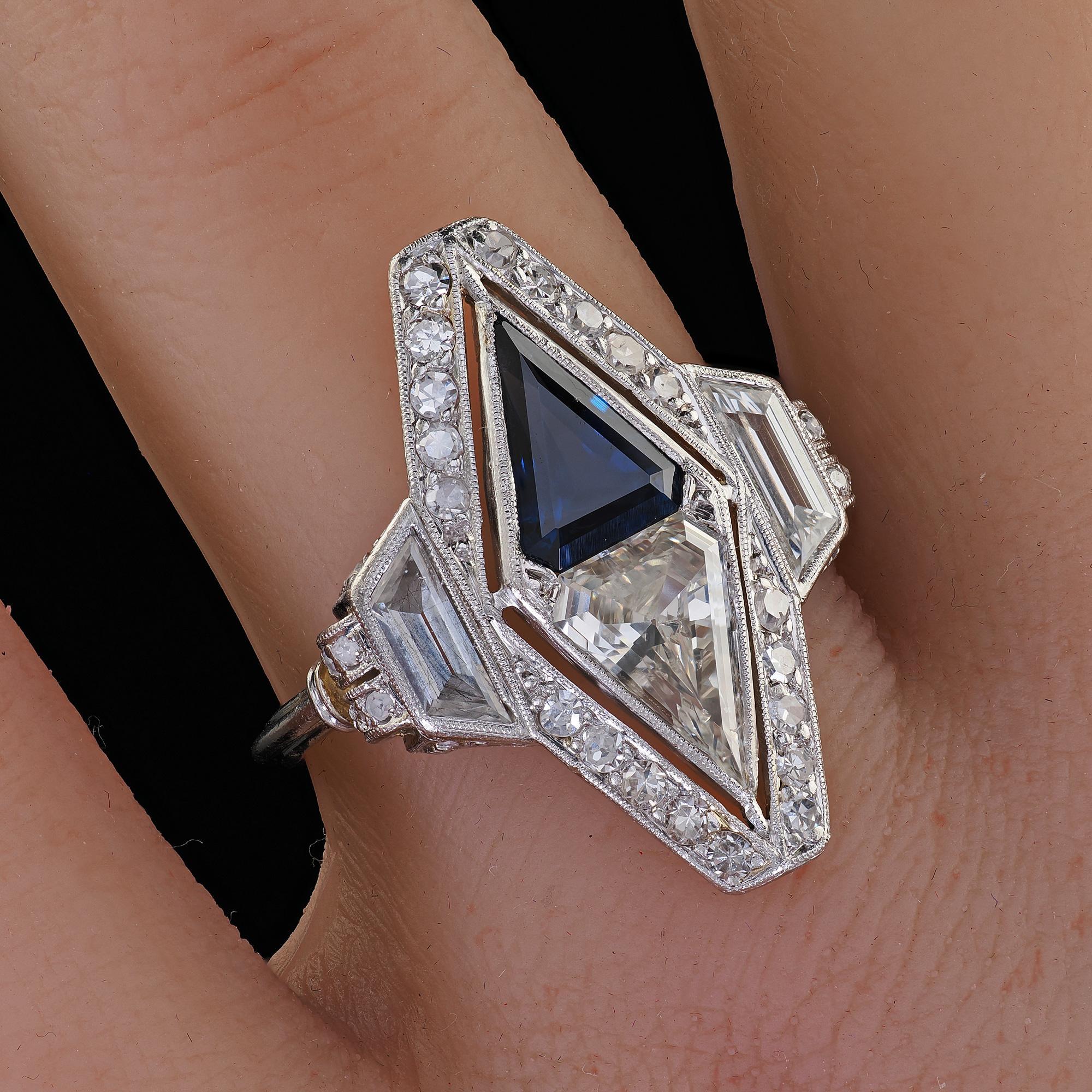 Antique Art Deco Platinum Shield Cut Diamond Sapphire Filigree Cocktail Ring For Sale 6