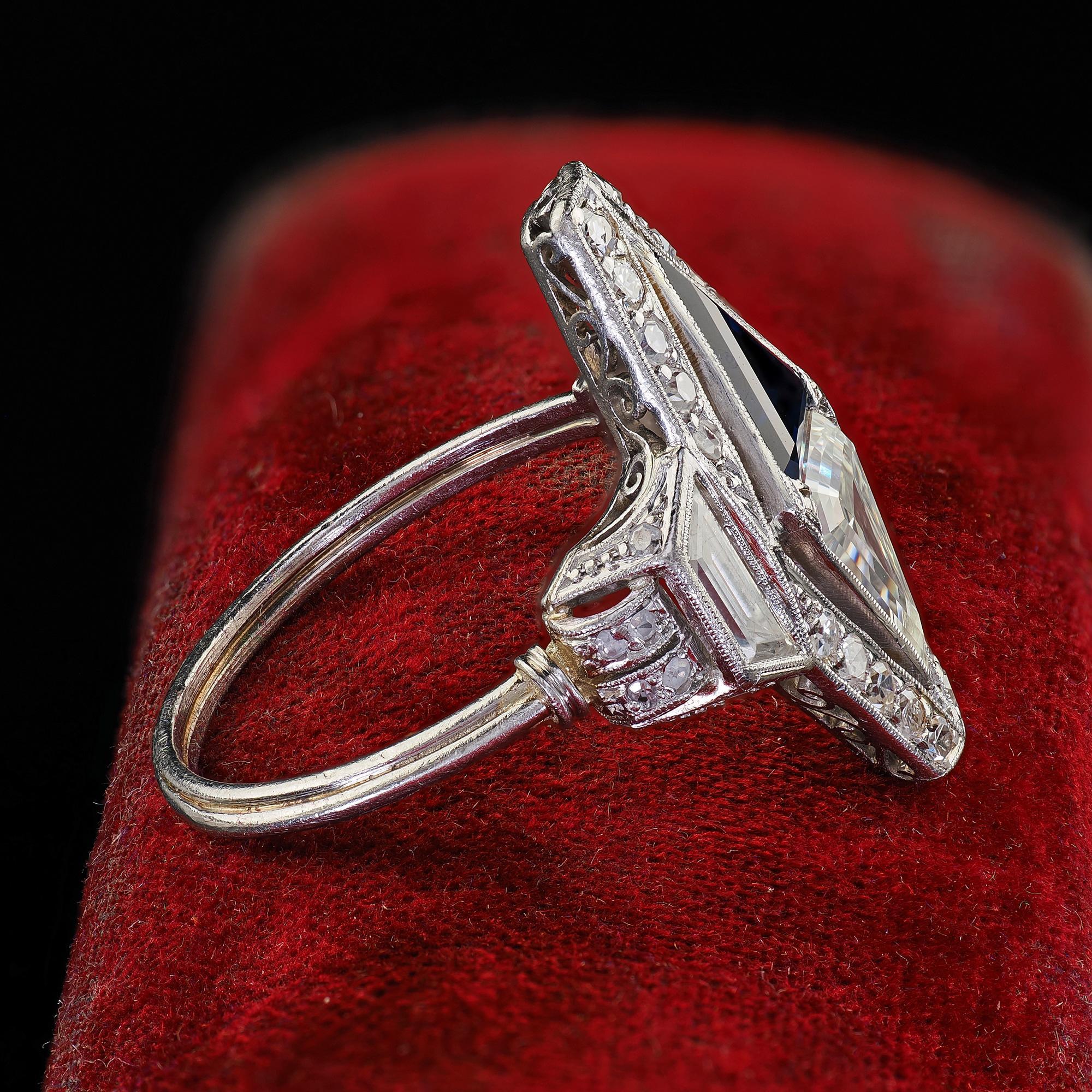 Women's Antique Art Deco Platinum Shield Cut Diamond Sapphire Filigree Cocktail Ring For Sale