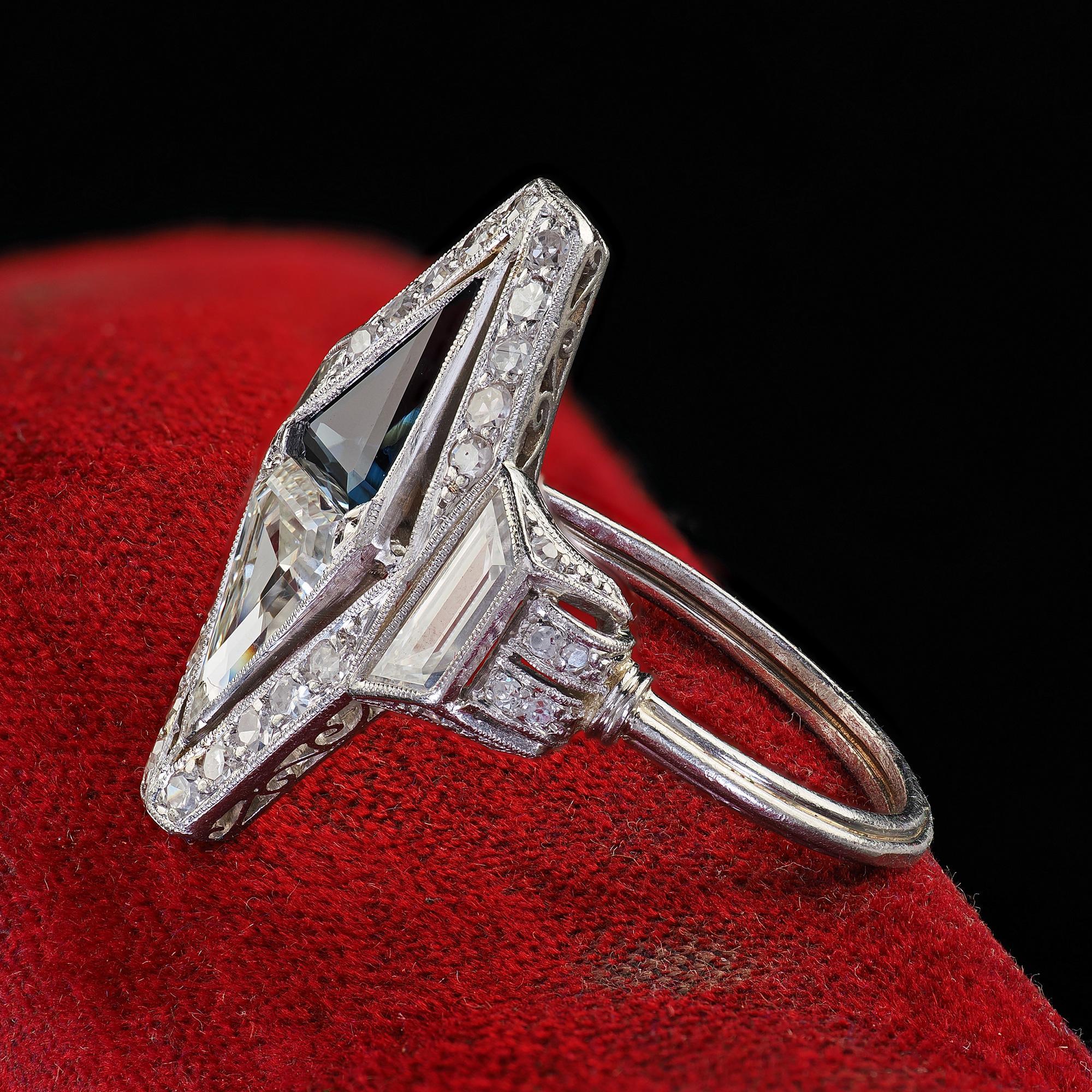 Antique Art Deco Platinum Shield Cut Diamond Sapphire Filigree Cocktail Ring For Sale 1