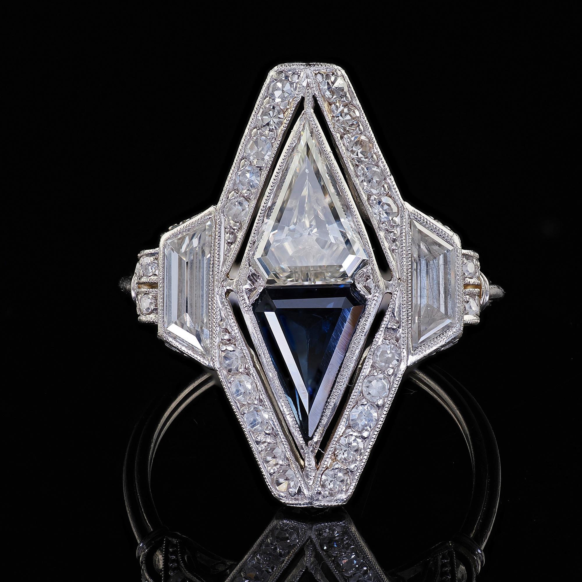 Antique Art Deco Platinum Shield Cut Diamond Sapphire Filigree Cocktail Ring For Sale 3