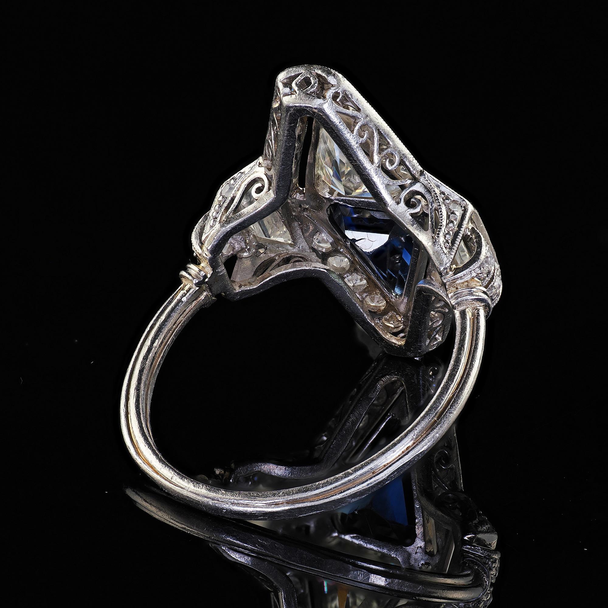 Antique Art Deco Platinum Shield Cut Diamond Sapphire Filigree Cocktail Ring For Sale 4