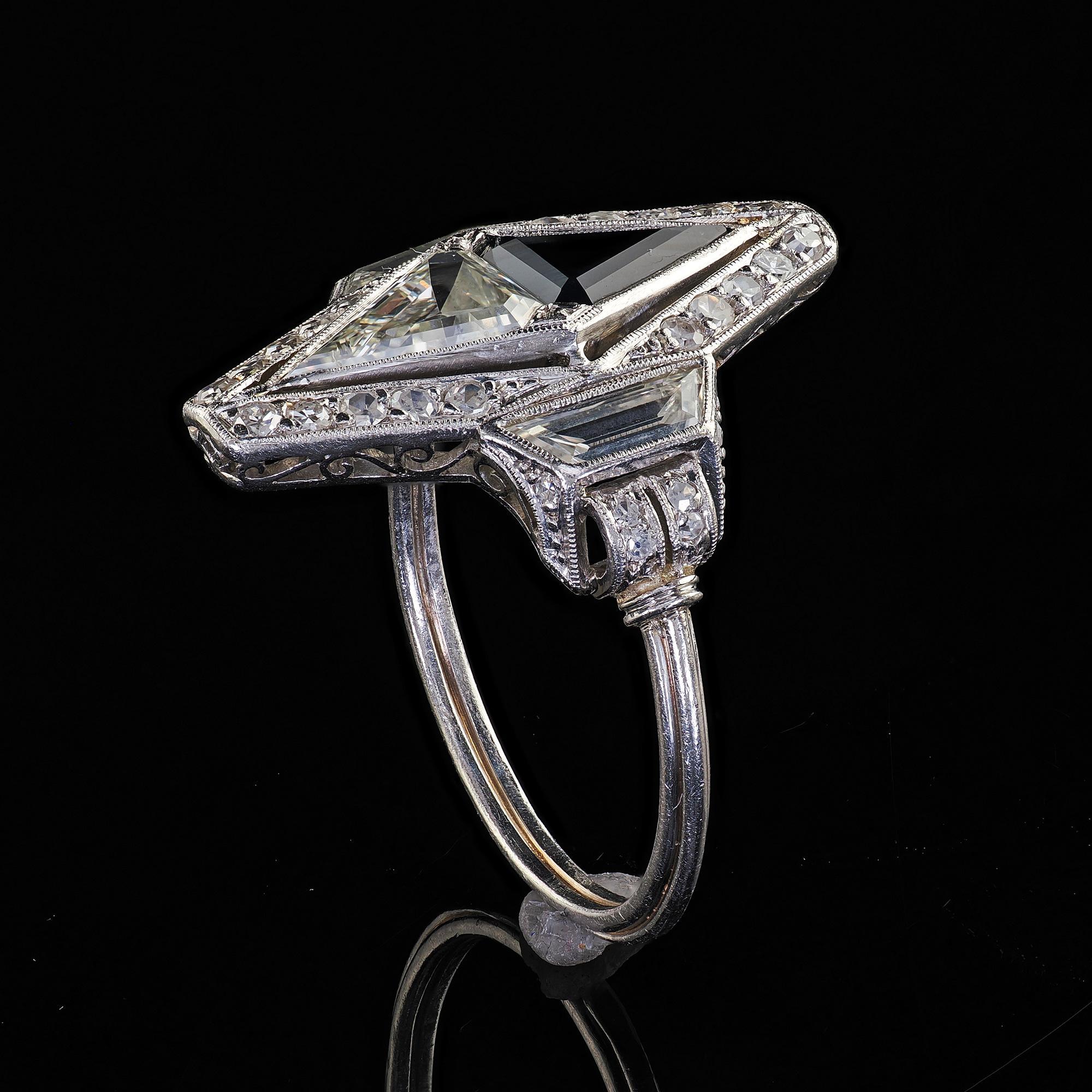 Antique Art Deco Platinum Shield Cut Diamond Sapphire Filigree Cocktail Ring For Sale 5