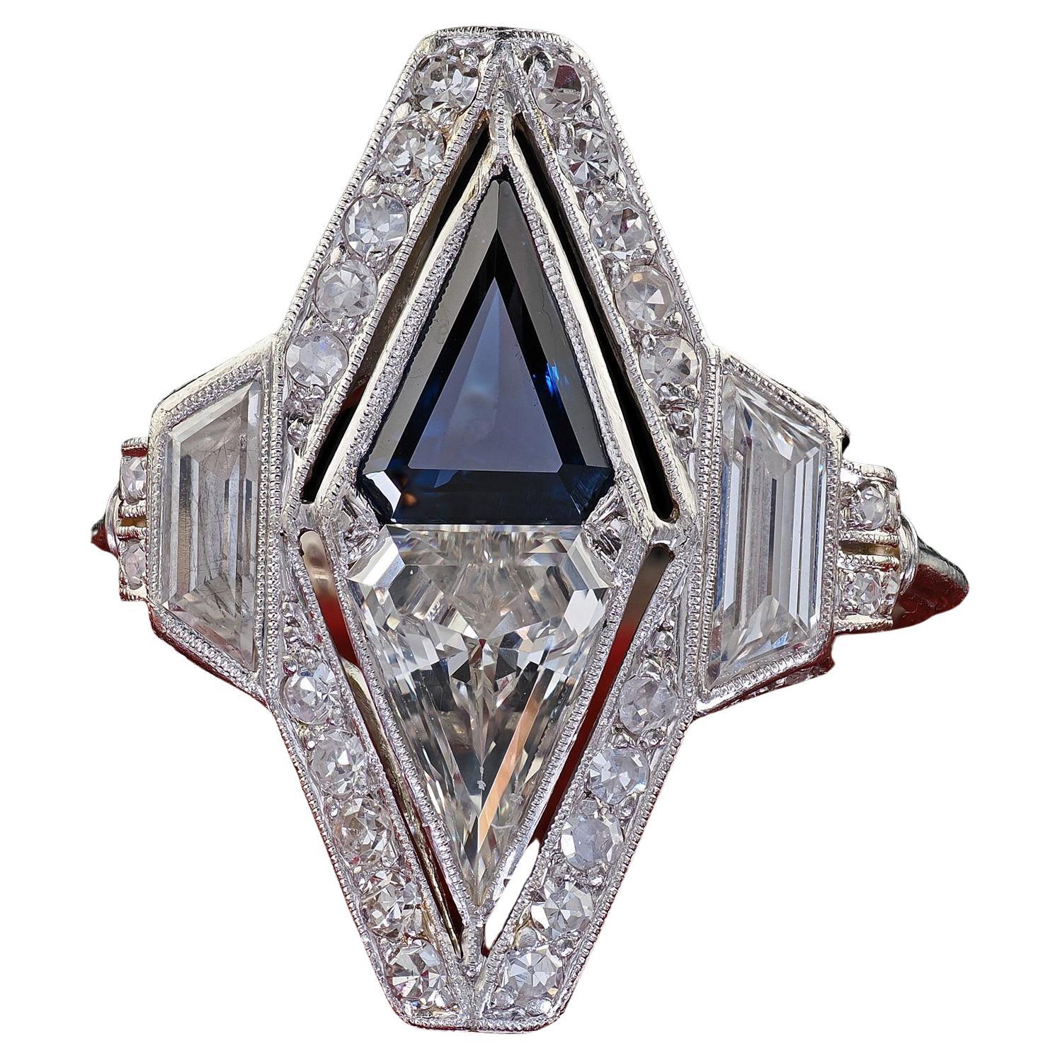 Antique Art Deco Platinum Shield Cut Diamond Sapphire Filigree Cocktail Ring
