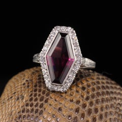 Antique Art Deco Platinum Shield Cut Rhodolite Garnet Diamond Halo Shield Ring