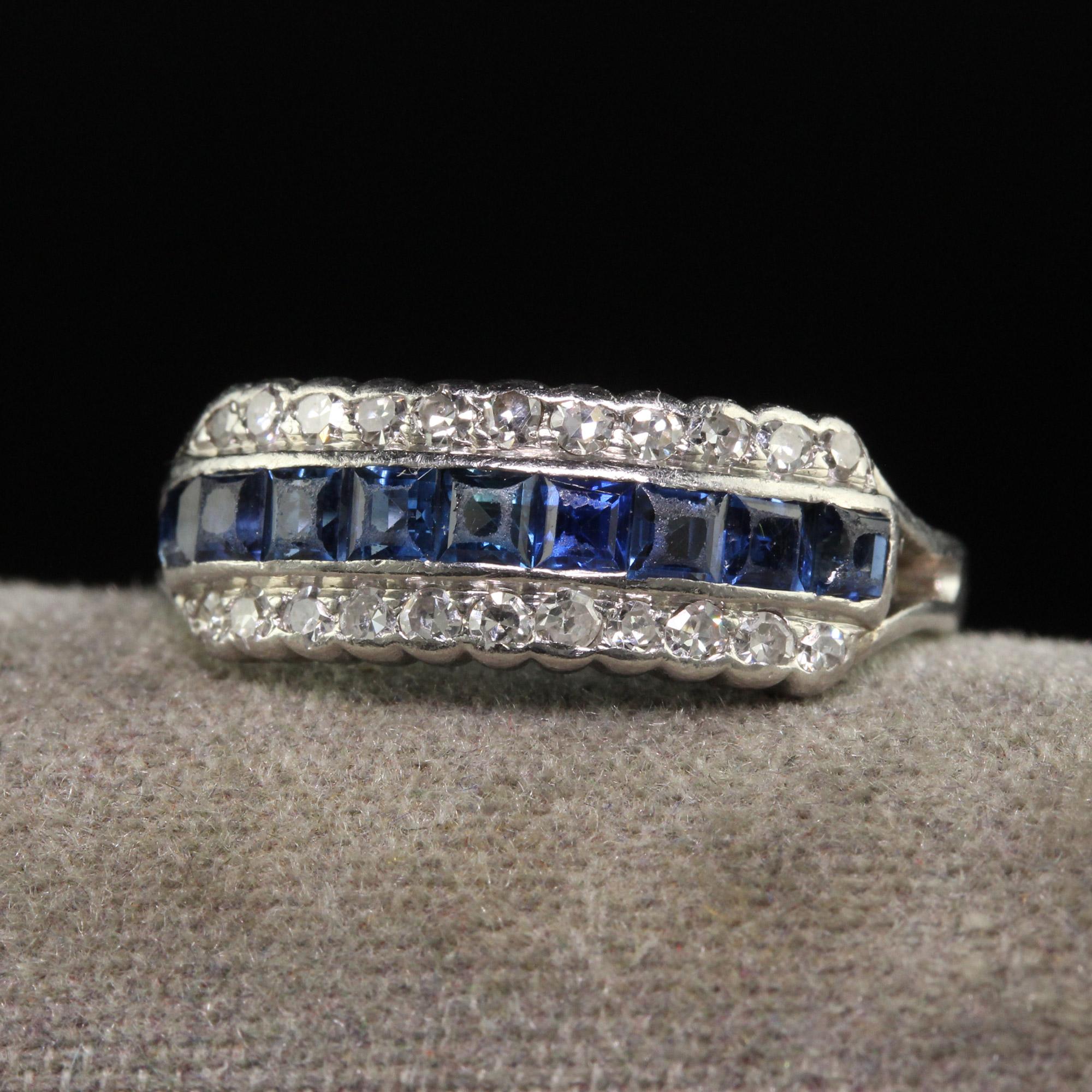 Beautiful Antique Art Deco Platinum Single Cut Diamond and Sapphire Three Row Band Ring. This beautiful art deco three row diamond and sapphire ring is crafted in platinum. The top of the ring has natural sapphires going halfway across the ring with