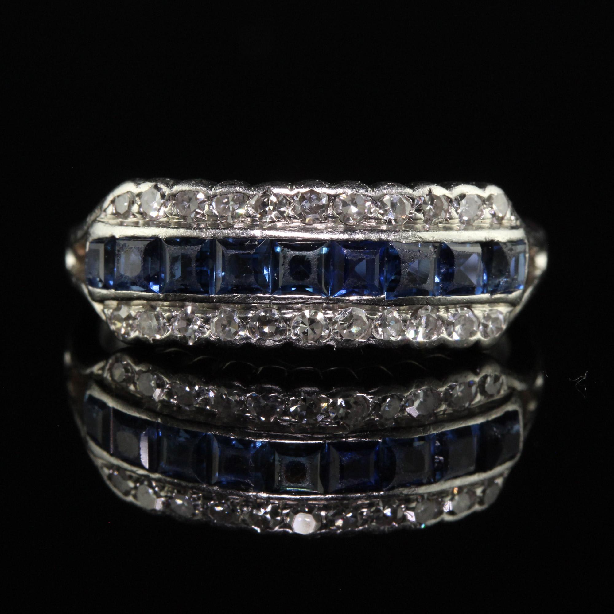 Antiker Art Deco Platin-Ring mit dreireihigen Diamanten im Einzelschliff und Saphiren (Einfacher Schliff) im Angebot