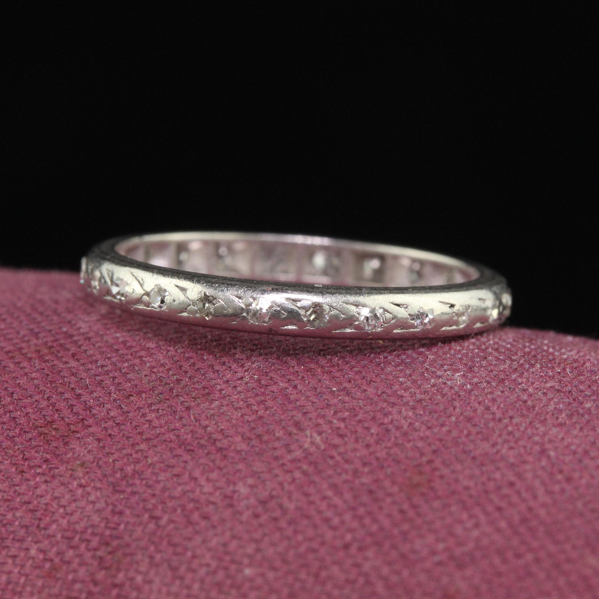 Beautiful Antique Art Deco Platinum Single Cut Diamond Engraved Eternity Band - Size 5 1/2. This beautiful wedding band is crafted in platinum. The ring has deep set single cut diamonds that go around the entire ring. The ring is in fair condition