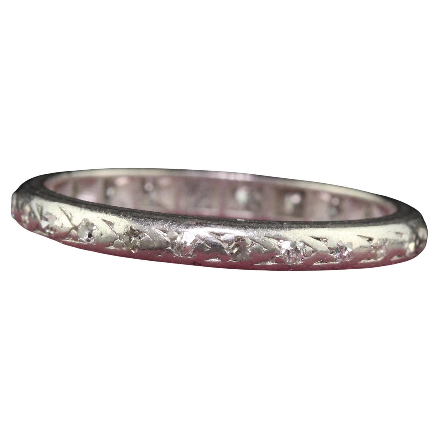 Antique Art Deco Platinum Single Cut Diamond Engraved Eternity Band - Size 5 1/2 For Sale