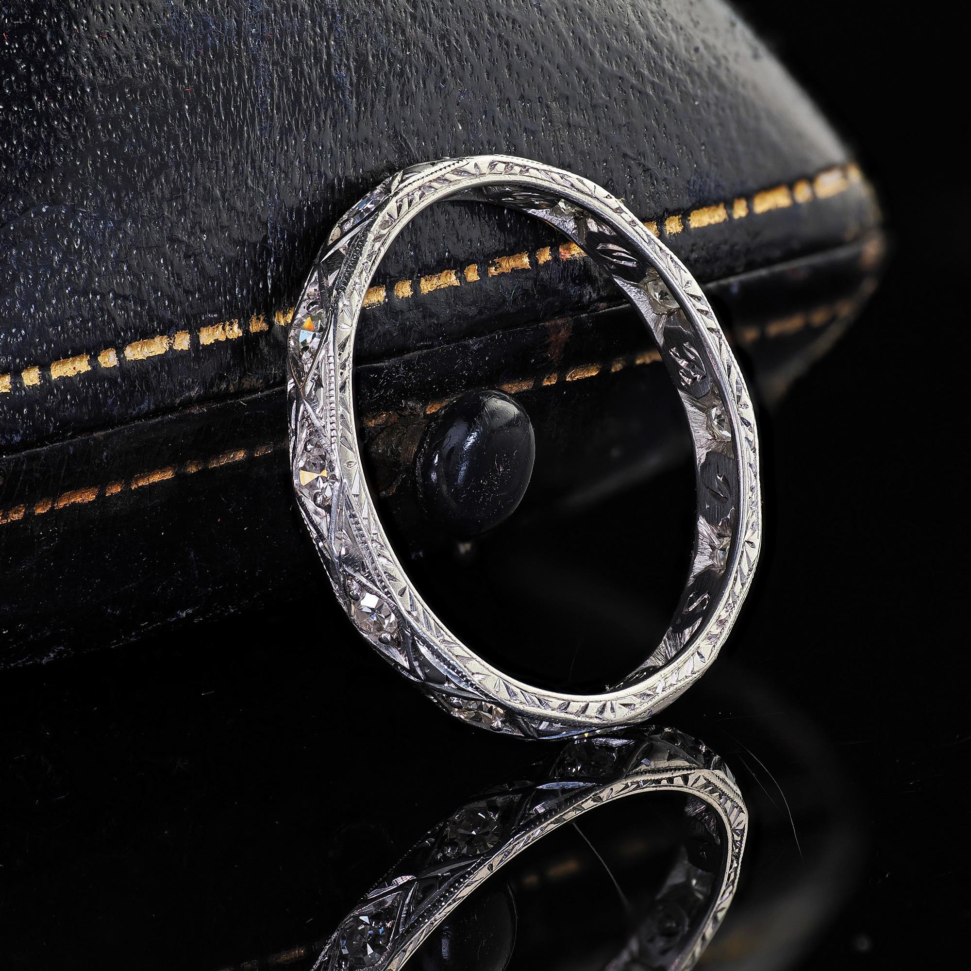 Beautiful Antique Art Deco Platinum Single Cut Diamond Engraved Eternity Band - Size 6. This beautiful Art Deco single cut diamond engraved eternity band is crafted in platinum. The ring has beautiful single cut diamonds set around the entire ring.