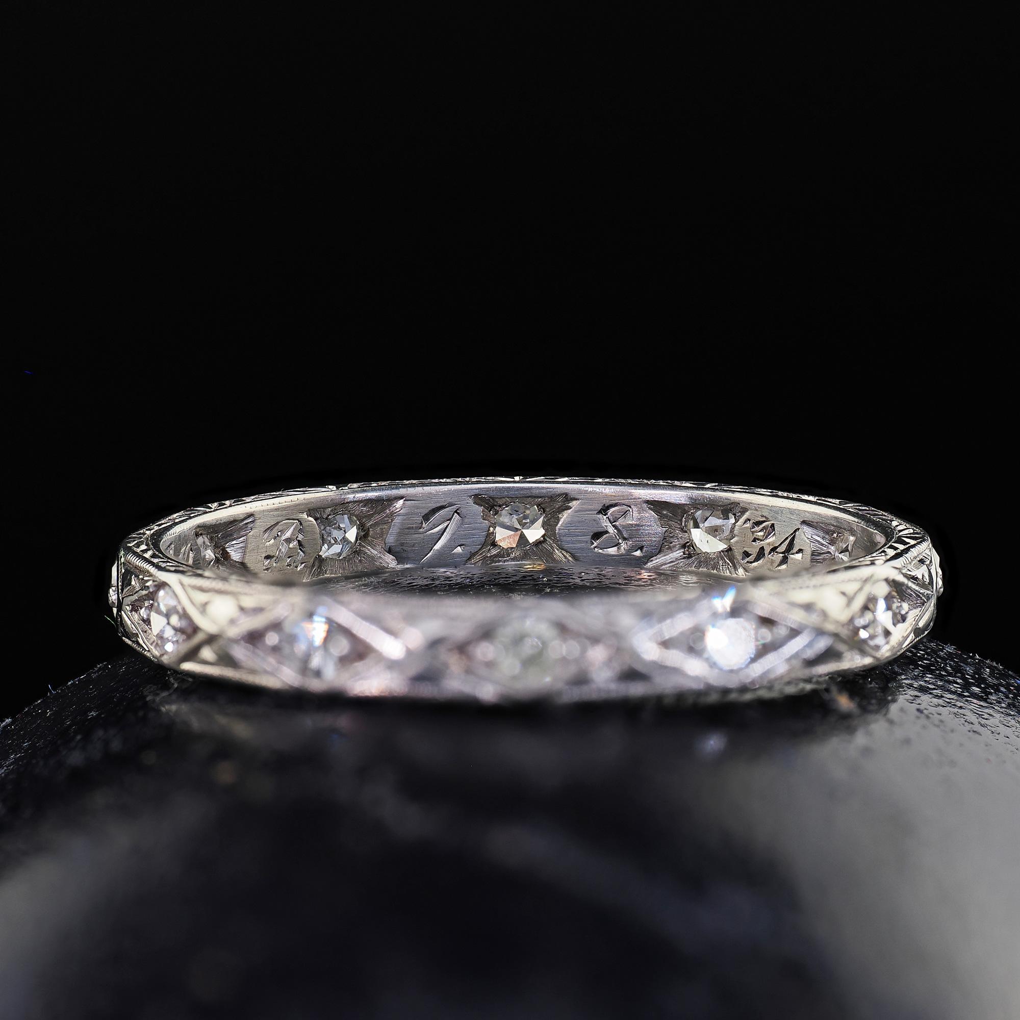 Antique Art Deco Platinum Single Cut Diamond Engraved Eternity Band - Size 6 In Good Condition For Sale In Great Neck, NY