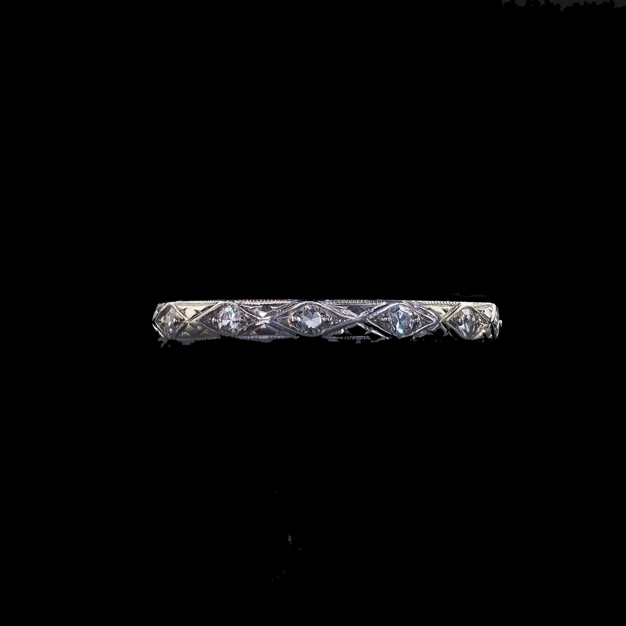 Antique Art Deco Platinum Single Cut Diamond Engraved Eternity Band - Size 6 For Sale 1
