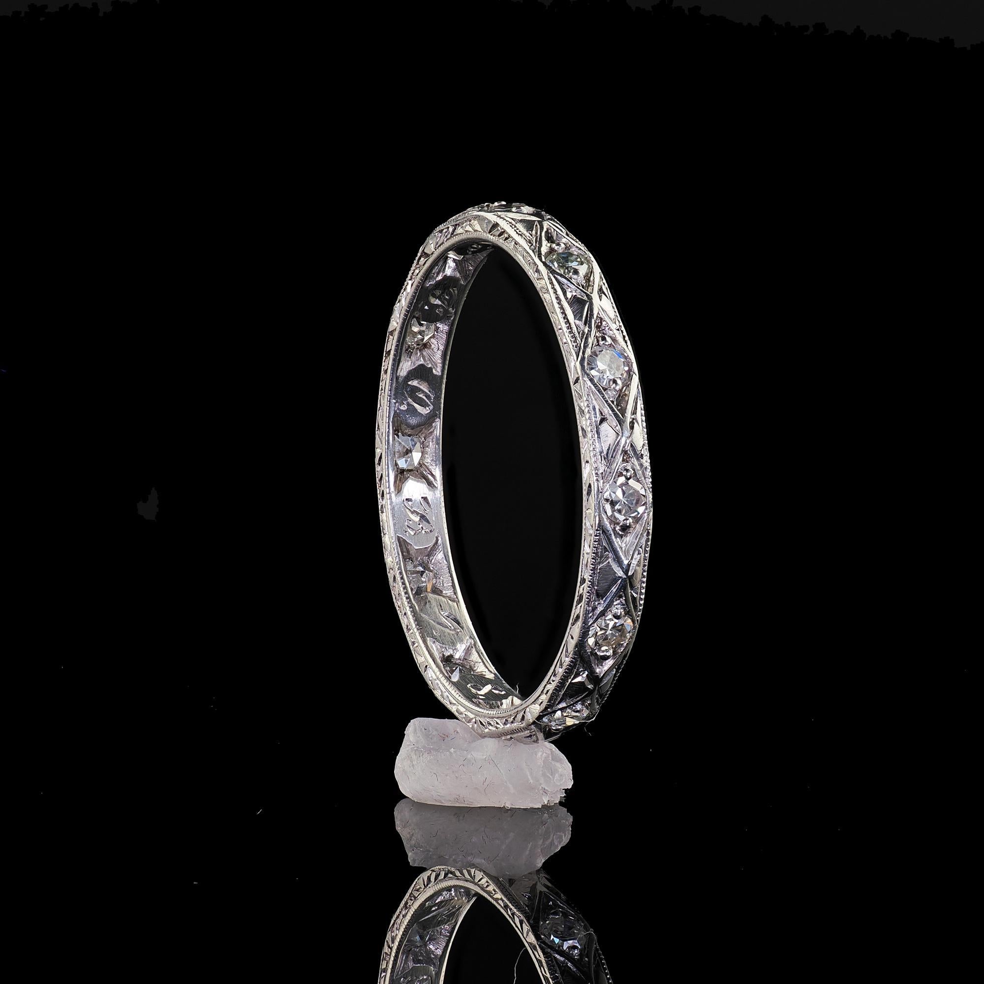 Antique Art Deco Platinum Single Cut Diamond Engraved Eternity Band - Size 6 For Sale 2