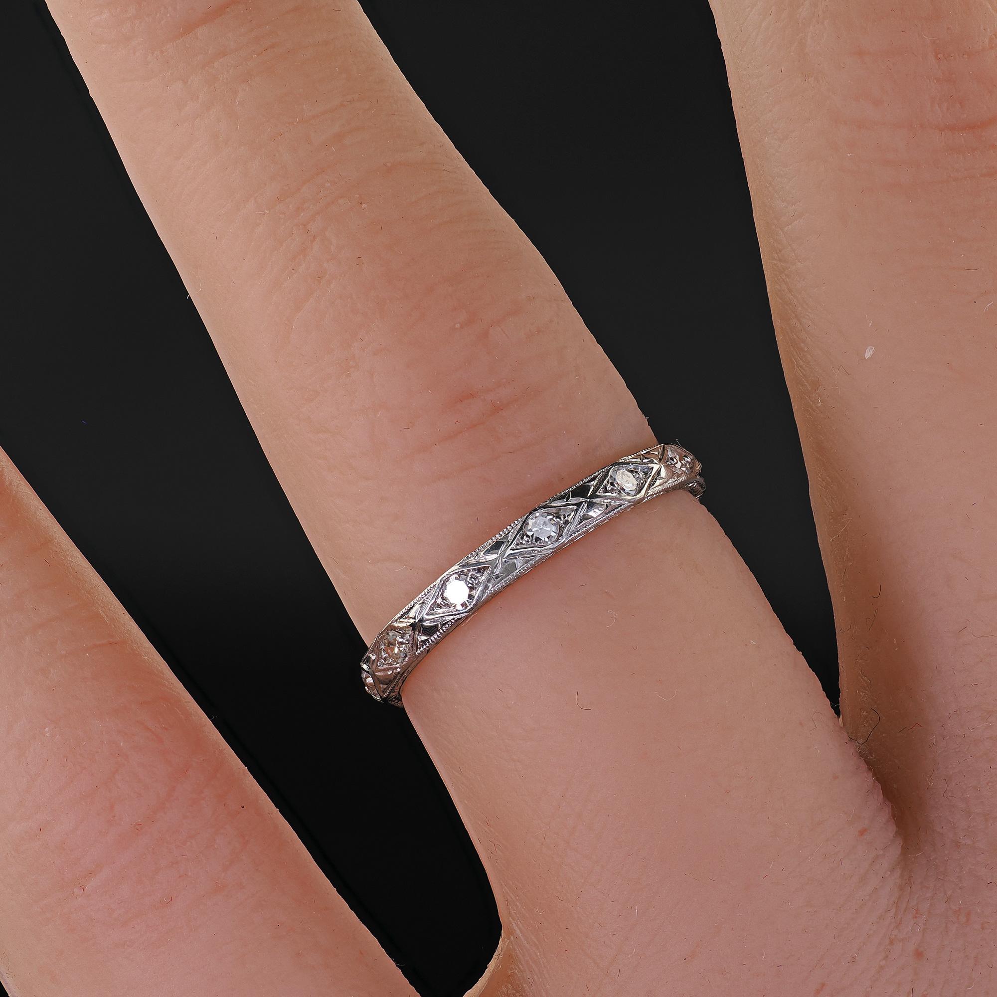 Antique Art Deco Platinum Single Cut Diamond Engraved Eternity Band - Size 6 For Sale 3