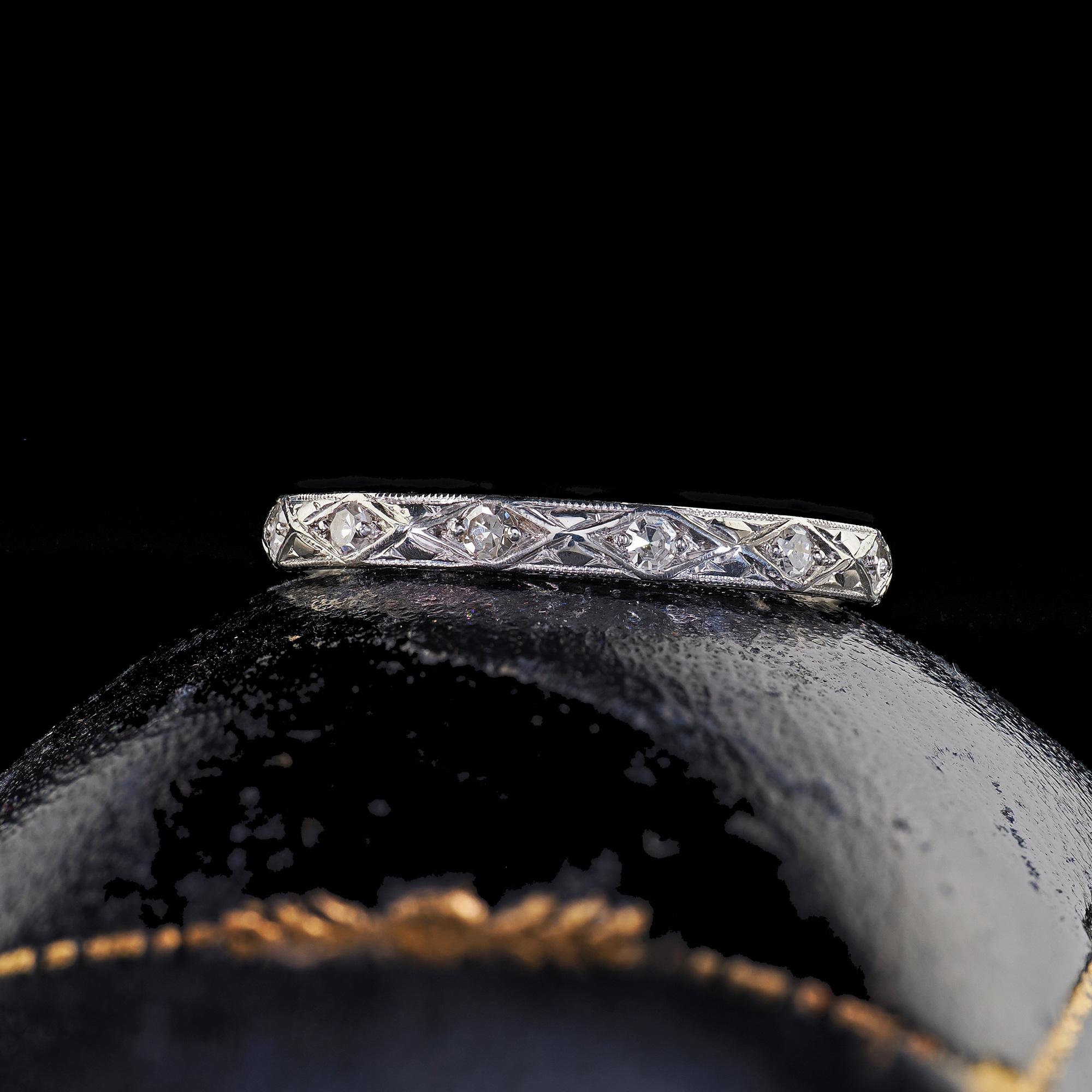 Antique Art Deco Platinum Single Cut Diamond Engraved Eternity Band - Size 6 For Sale 4
