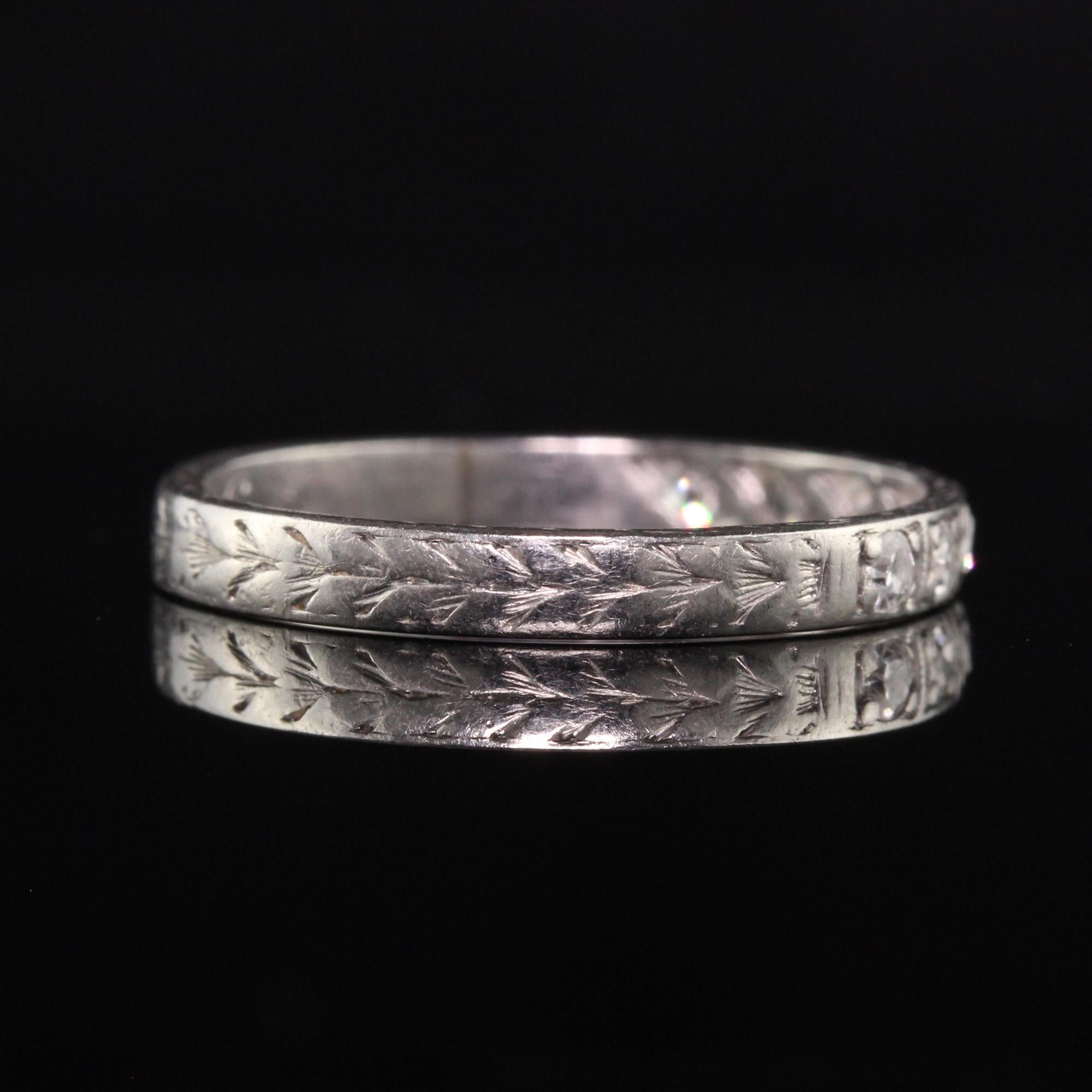 Antique Art Deco Platinum Single Cut Diamond Engraved Wedding Band In Good Condition For Sale In Great Neck, NY