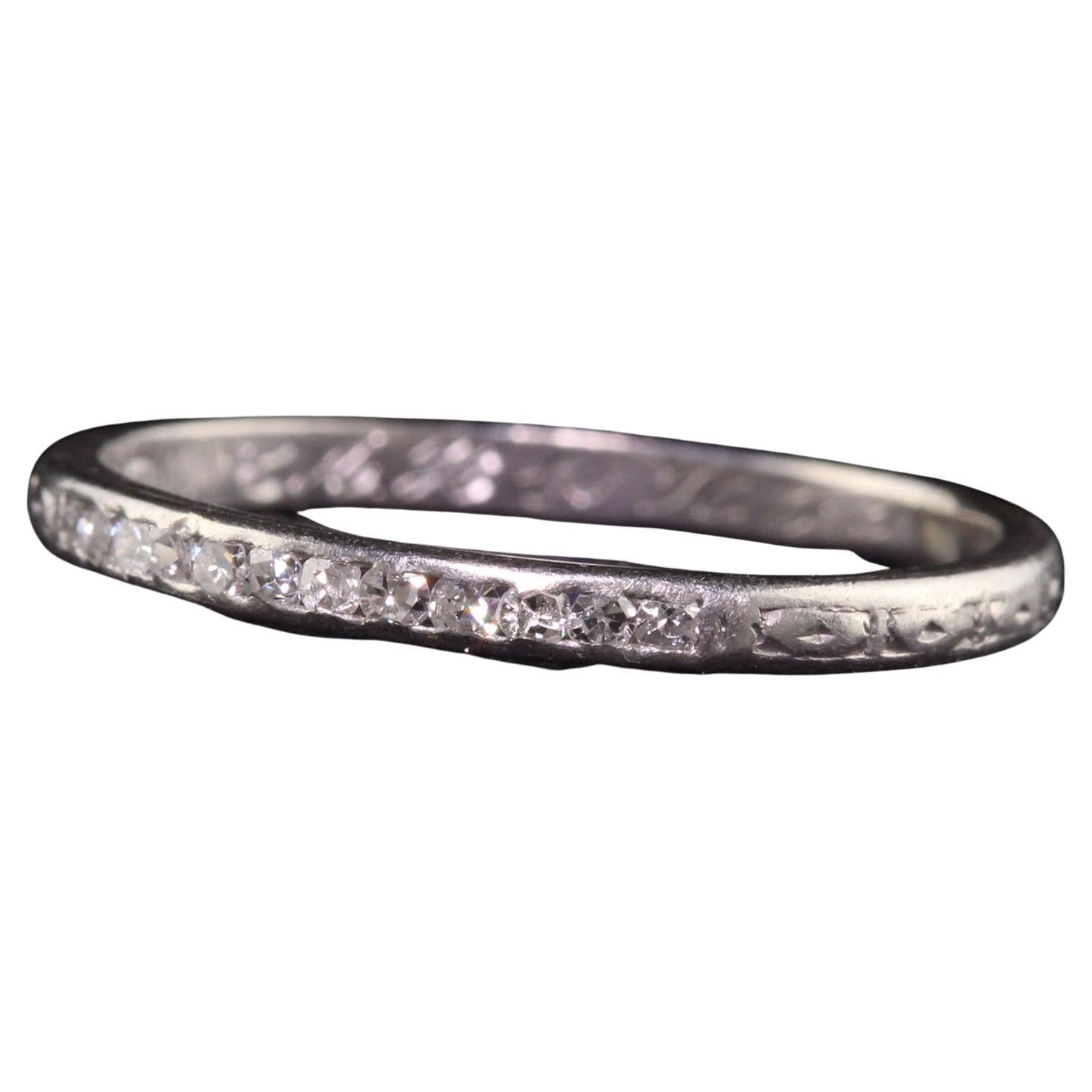 Antique Art Deco Platinum Single Cut Diamond Engraved Wedding Band