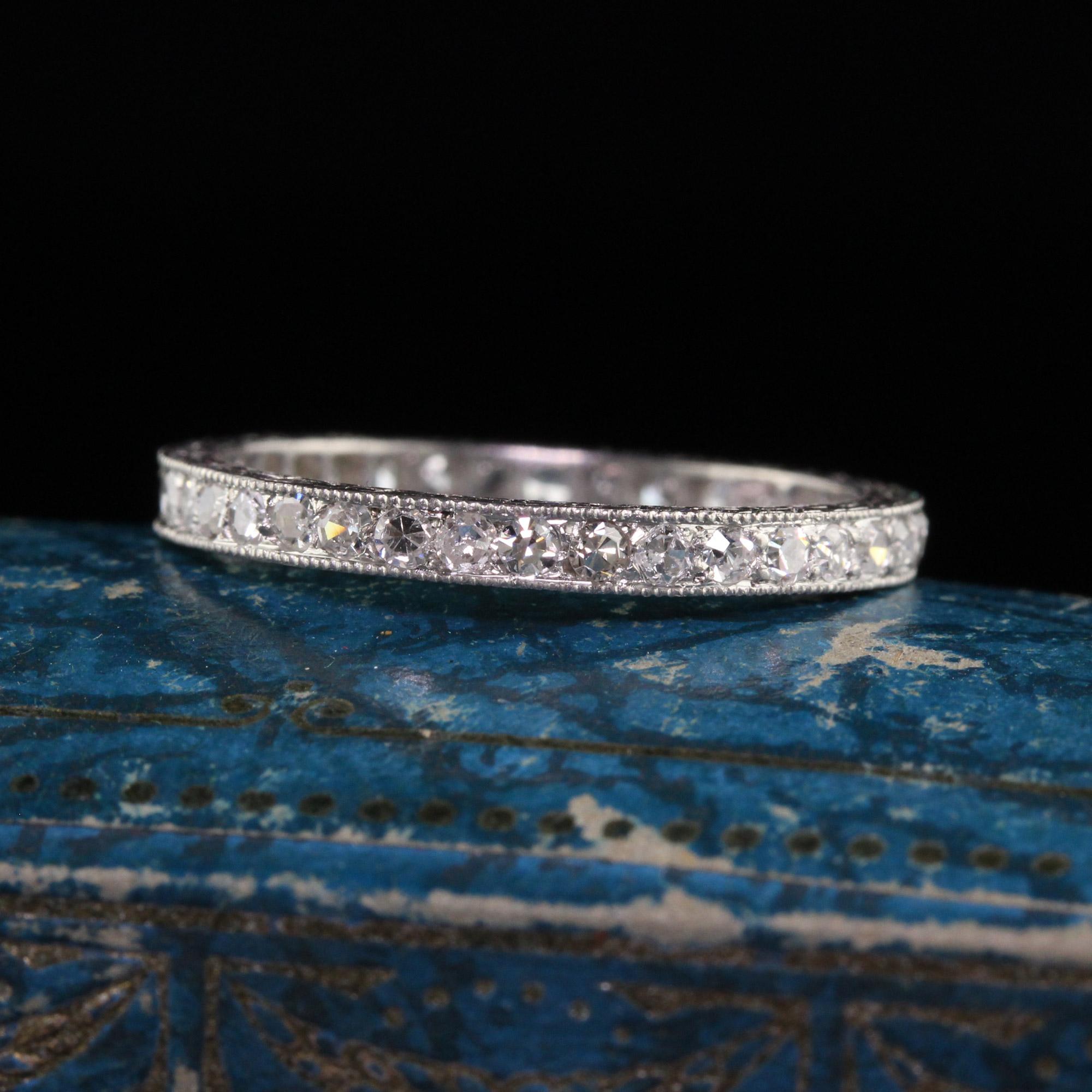 Beautiful Antique Art Deco Platinum Single Cut Diamond Engraved Wedding Band - Size 6 1/4. This gorgeous wedding band is crafted in platinum. The ring has gorgeous single cut diamonds going around the entire band and the sides of the ring are deeply
