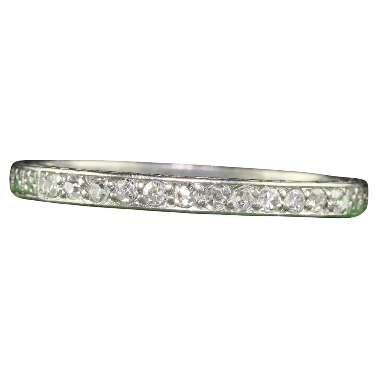 Alianza de boda antigua Art Decó de platino con diamante talla única grabado - Tamaño 7 1/4