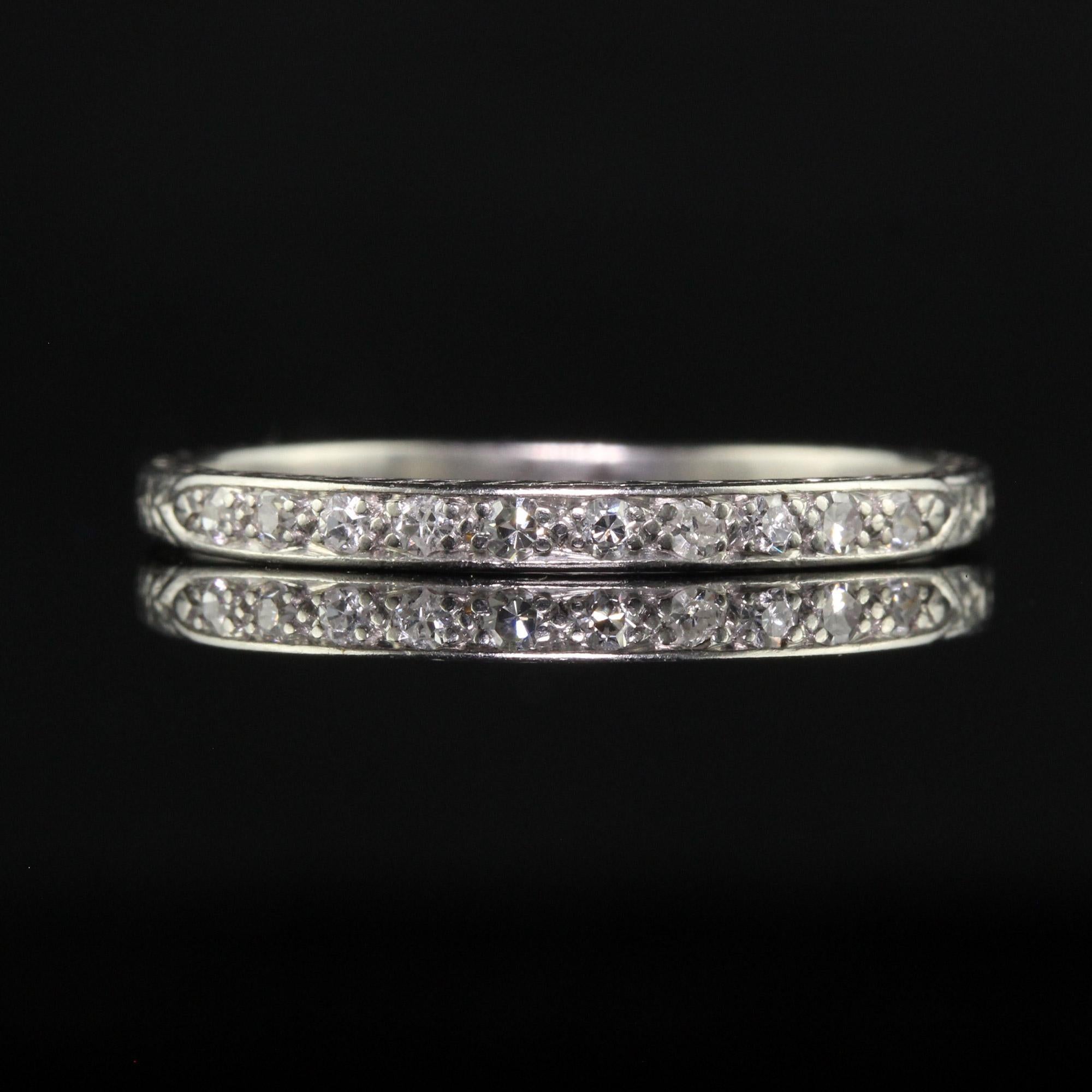 Women's Antique Art Deco Platinum Single Cut Diamond Engraved Wedding Band - Size 8 1/4 For Sale