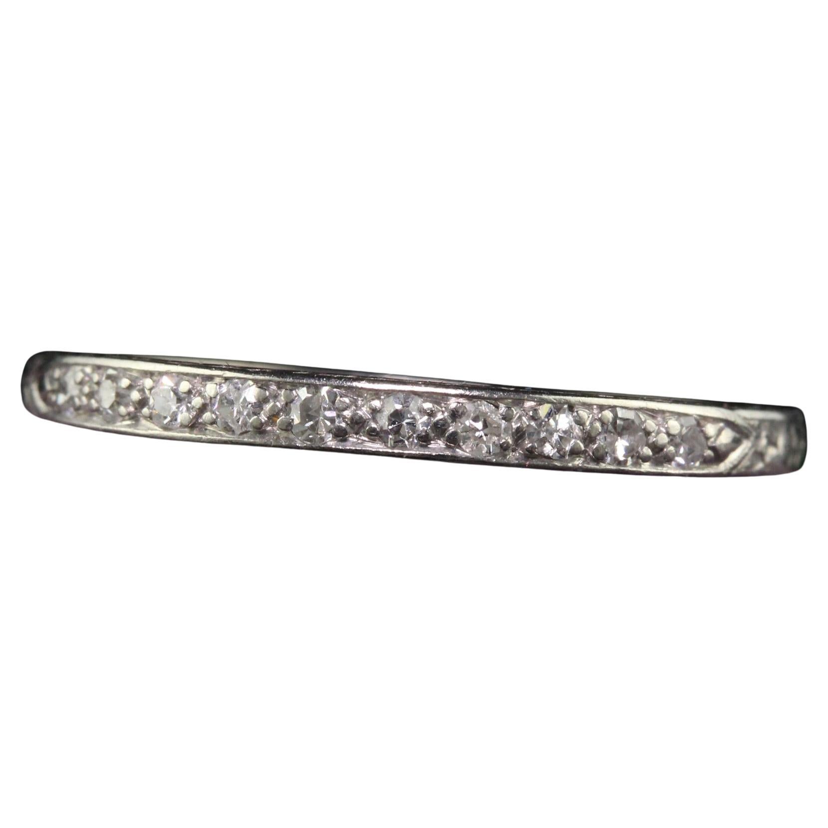 Antique Art Deco Platinum Single Cut Diamond Engraved Wedding Band - Size 8 1/4 For Sale