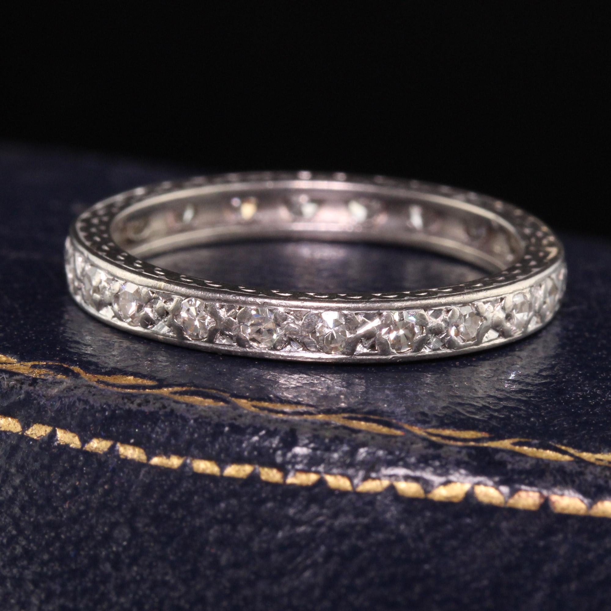 Beautiful Antique Art Deco Platinum Single Cut Diamond Eternity Band. This classic eternity band has single cut diamonds going around the entire ring. The engravings on the sides of the band are still visible and appears to have been sized at one