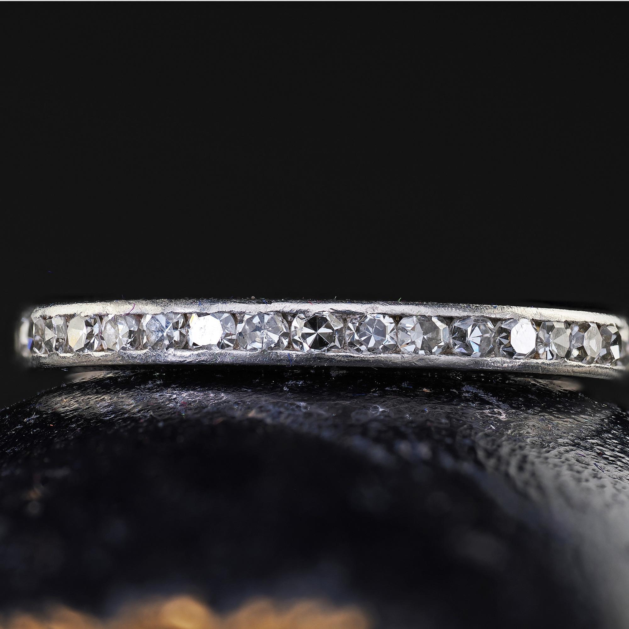 Women's Antique Art Deco Platinum Single Cut Diamond Eternity Band Ring - Size 5 3/4 For Sale