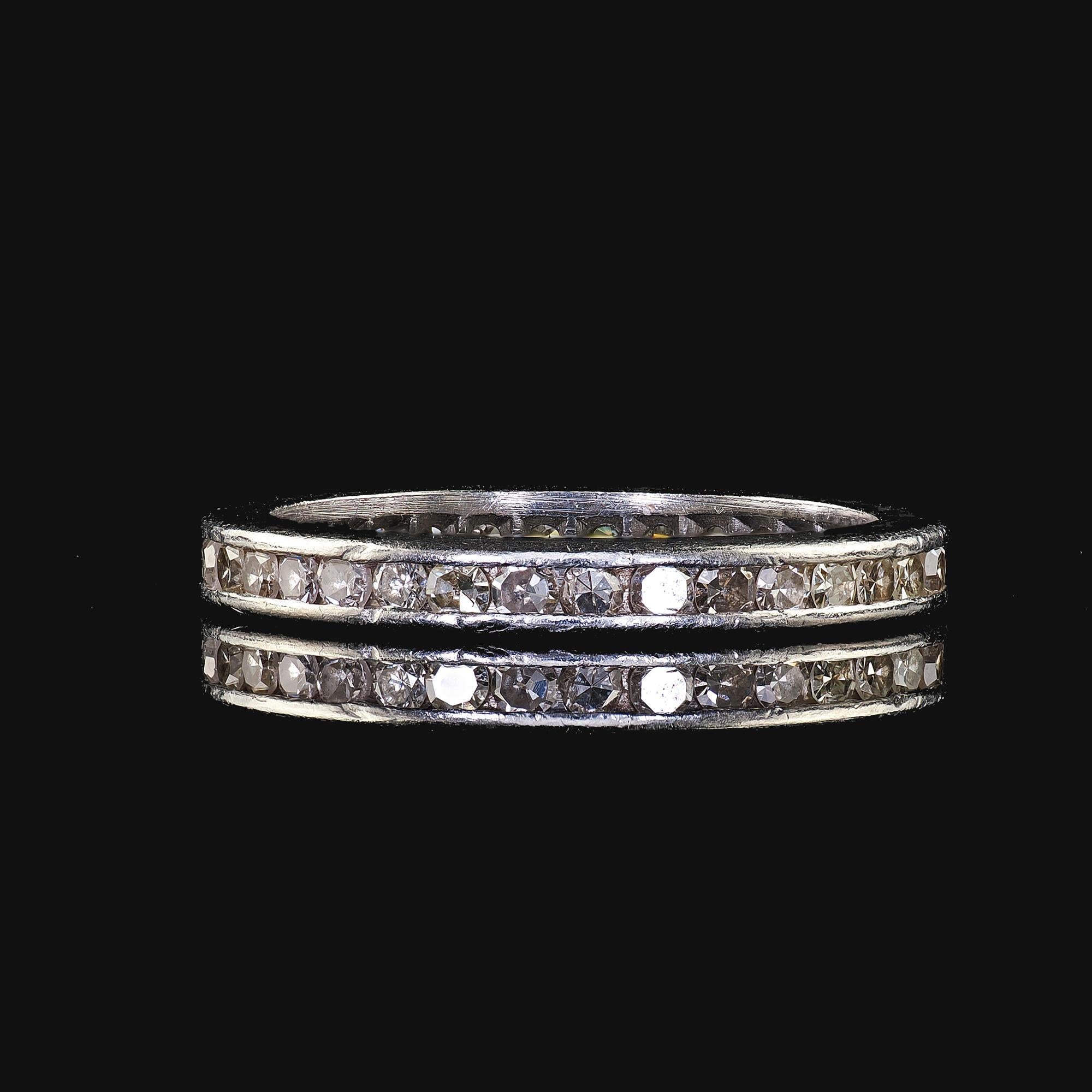 Women's Antique Art Deco Platinum Single Cut Diamond Eternity Band Ring - Size 6 3/4 For Sale